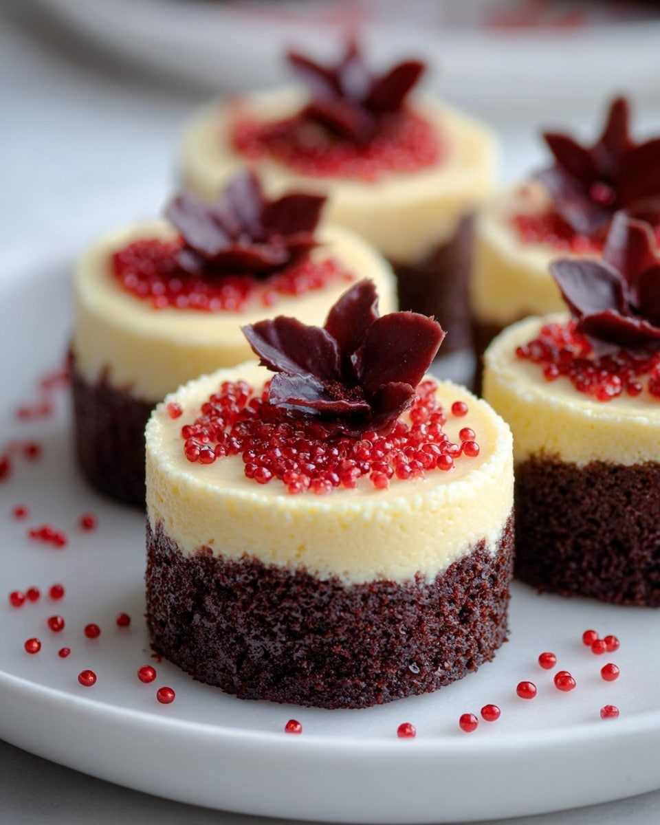The image shows small round desserts with two layers on a white plate placed on a white marbled surface. The bottom layer is thick, dark brown, and crumbly like chocolate cake or brownie. The top layer is smooth, creamy, and pale yellow, resembling cheesecake or custard. On top of each dessert, there are tiny red beads scattered evenly and a dark red edible flower decoration with three petals placed in the center. Some red beads are also scattered on the plate around the desserts, creating a neat but slightly messy look. Photo taken with an iphone --ar 4:5 --v 7