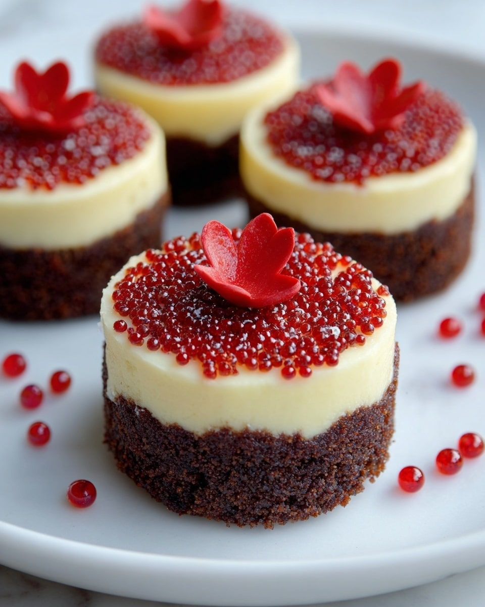 The image shows four small round desserts on a white plate with a white marbled background. Each dessert has two layers: the bottom layer is dark brown and crumbly, with a rough texture, while the top layer is smooth, creamy, and pale yellow. The top of each dessert is sprinkled with small, shiny red beads that look like small pearls. At the center of each top layer, there is a decorative red flower with three petals. Some red beads are scattered around the plate, adding a touch of color to the clean background. photo taken with an iphone --ar 4:5 --v 7