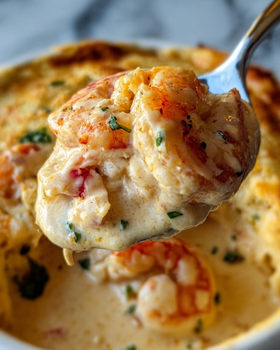 The image shows a close-up of a spoonful of creamy shrimp dish taken from a larger white bowl. The spoon holds a thick layer of rich, melted cheese that is smooth and slightly browned on top, with soft cooked shrimp embedded in the sauce, some pieces slightly pink and glossy. Tiny bits of green herb add a fresh color contrast inside the creamy sauce. The background features the white marbled texture surface, visible around the edge of the white bowl holding the rest of the dish. Photo taken with an iphone --ar 4:5 --v 7