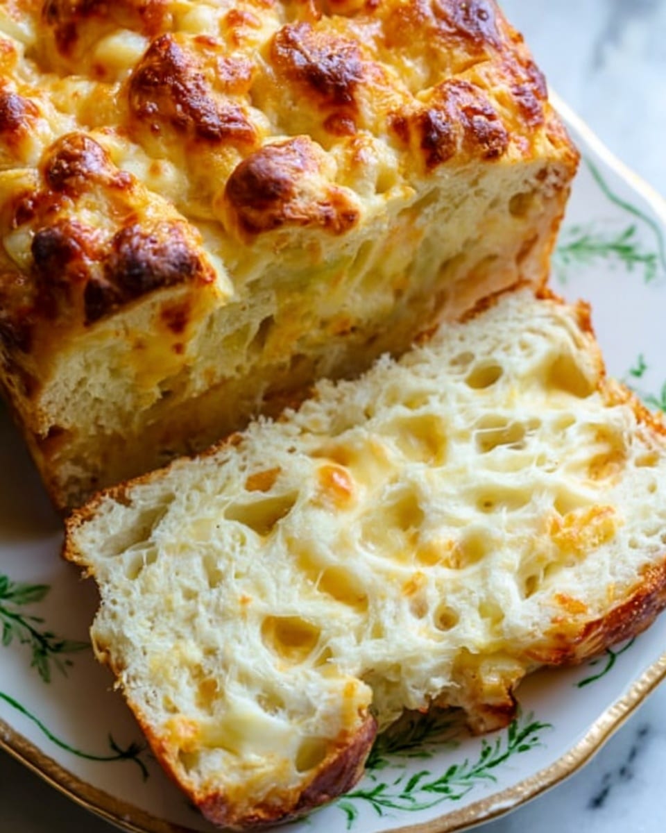 A close-up view of a sliced loaf of cheesy bread on a white plate with green decorative edges, featuring one thick slice pulled slightly out from the loaf. The bread is golden brown and bubbly on top with a textured crust showing browning and melted cheese spots, and the inside reveals multiple layers of gooey, melted cheese and soft, fluffy bread with small air holes. The cheese appears melted and stretchy with a pale yellow color, contrasting with the light cream, airy bread base. The background surface shows a white marbled texture, highlighting the warm tones of the bread. Photo taken with an iphone --ar 4:5 --v 7