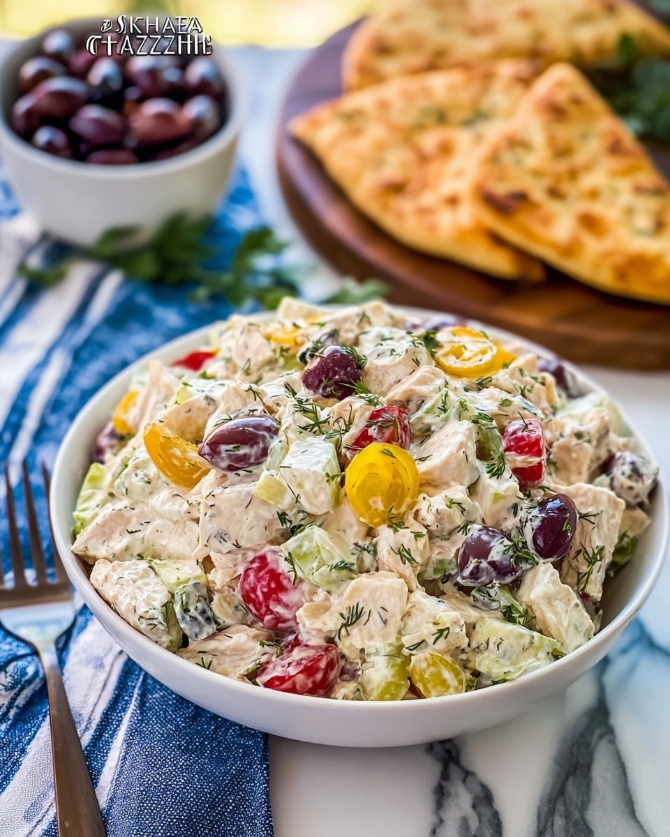 The image shows a white bowl filled with a creamy tzatziki chicken salad placed on a white marbled surface. The salad has multiple layers and colors: creamy white yogurt or dressing as a base, mixed with chunks of light beige chicken, bright red cherry tomatoes, dark purple olives, green herbs, and yellow pepper rings, all combined to create a colorful, textured look. In the background, there are two pieces of golden-brown flatbread on a wooden board and a small white bowl filled with dark olives, beside a blue and white striped cloth. A silver fork is placed near the bowl on the left side. The overall setting feels fresh and inviting, with natural light highlighting the different colors and textures. Photo taken with an iphone --ar 4:5 --v 7
