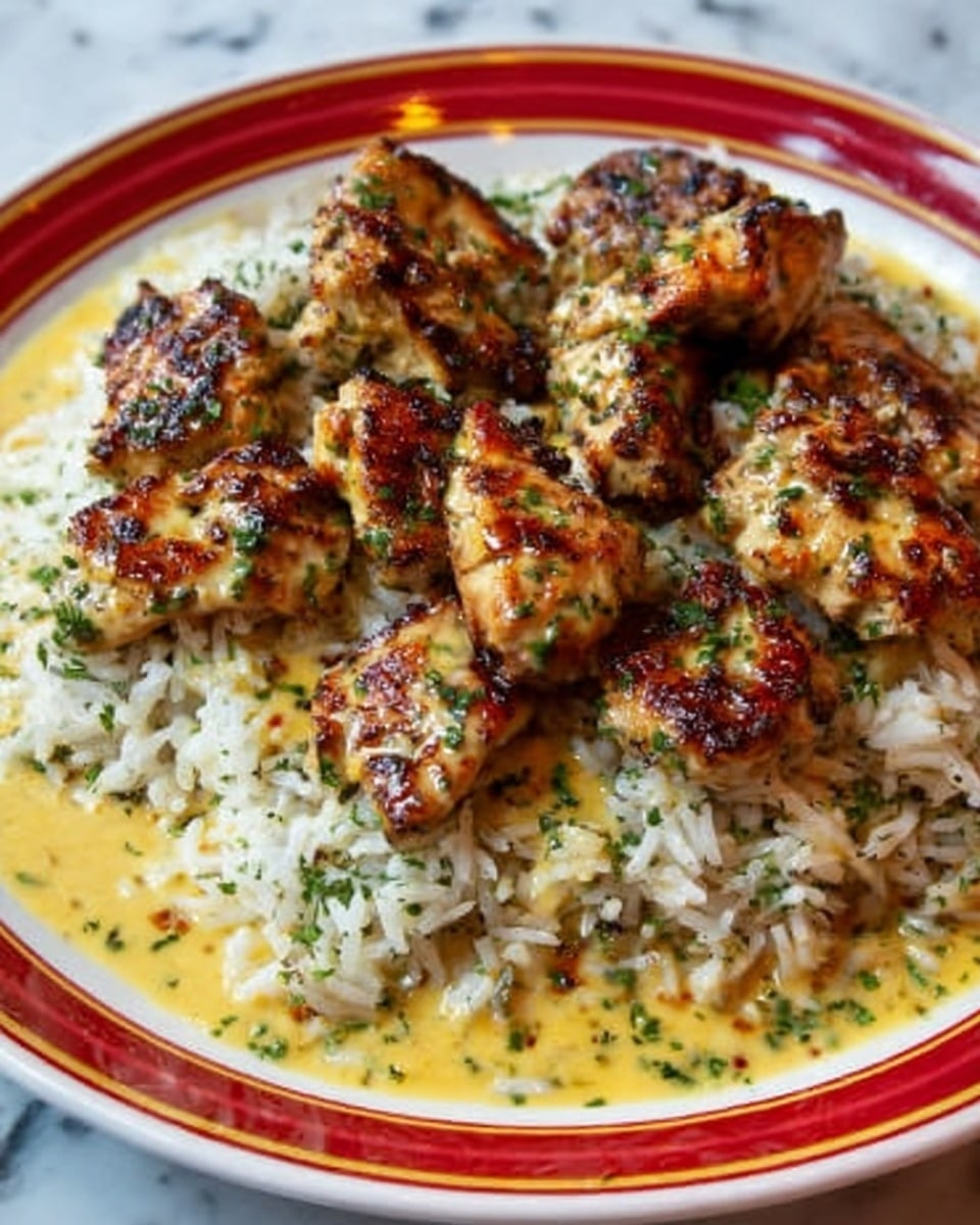 The image shows a white plate with a red and gold rim, filled with a bed of white rice sprinkled with green herbs. On top of the rice, there are multiple pieces of grilled chicken, browned and slightly crispy, with visible herbs and spices on them. A yellow sauce with a creamy texture pools around the rice and chicken, adding moisture and color contrast. The background surface is a white marbled texture. photo taken with an iphone --ar 4:5 --v 7