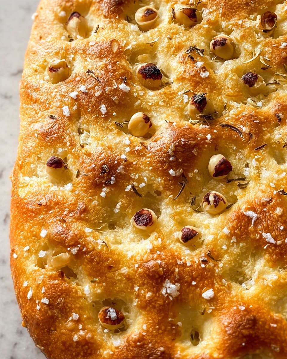 A close-up view of a golden brown focaccia bread with a puffy, uneven surface showing airy bubbles and soft texture. Scattered across the top are small, slightly toasted hazelnuts with a light brown color and some darker roasted edges. The bread is sprinkled with white grains of coarse salt, adding texture and a bit of shine under the light. The crust looks crisp and slightly shiny, suggesting a brush of oil before baking. The background shows a white marbled texture that contrasts softly with the warm tones of the focaccia. Photo taken with an iphone --ar 4:5 --v 7