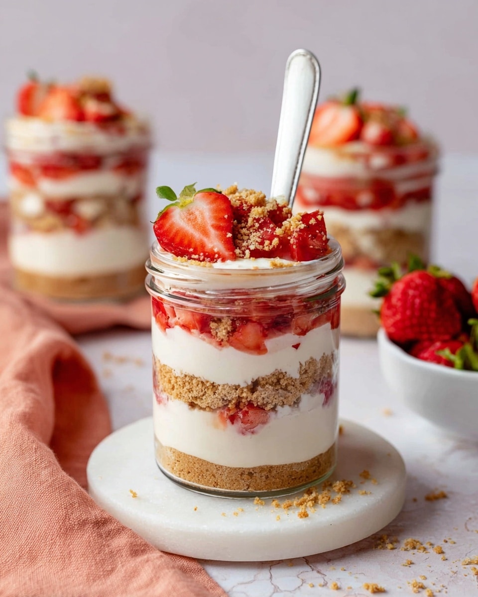 A clear glass jar shows a layered dessert with five layers from bottom to top: a crumbly light brown biscuit base, a thick creamy white layer, another crumbly biscuit layer, a layer of small bright red strawberry pieces, and a final creamy white layer topped with more chopped strawberries and small biscuit crumbs. A white spoon is placed inside the jar, leaning out. In the background, two more jars with the same dessert sit slightly out of focus. The jar is on a round white board with a soft peach cloth over a white marbled surface with a small white bowl of whole strawberries nearby. Photo taken with an iphone --ar 4:5 --v 7