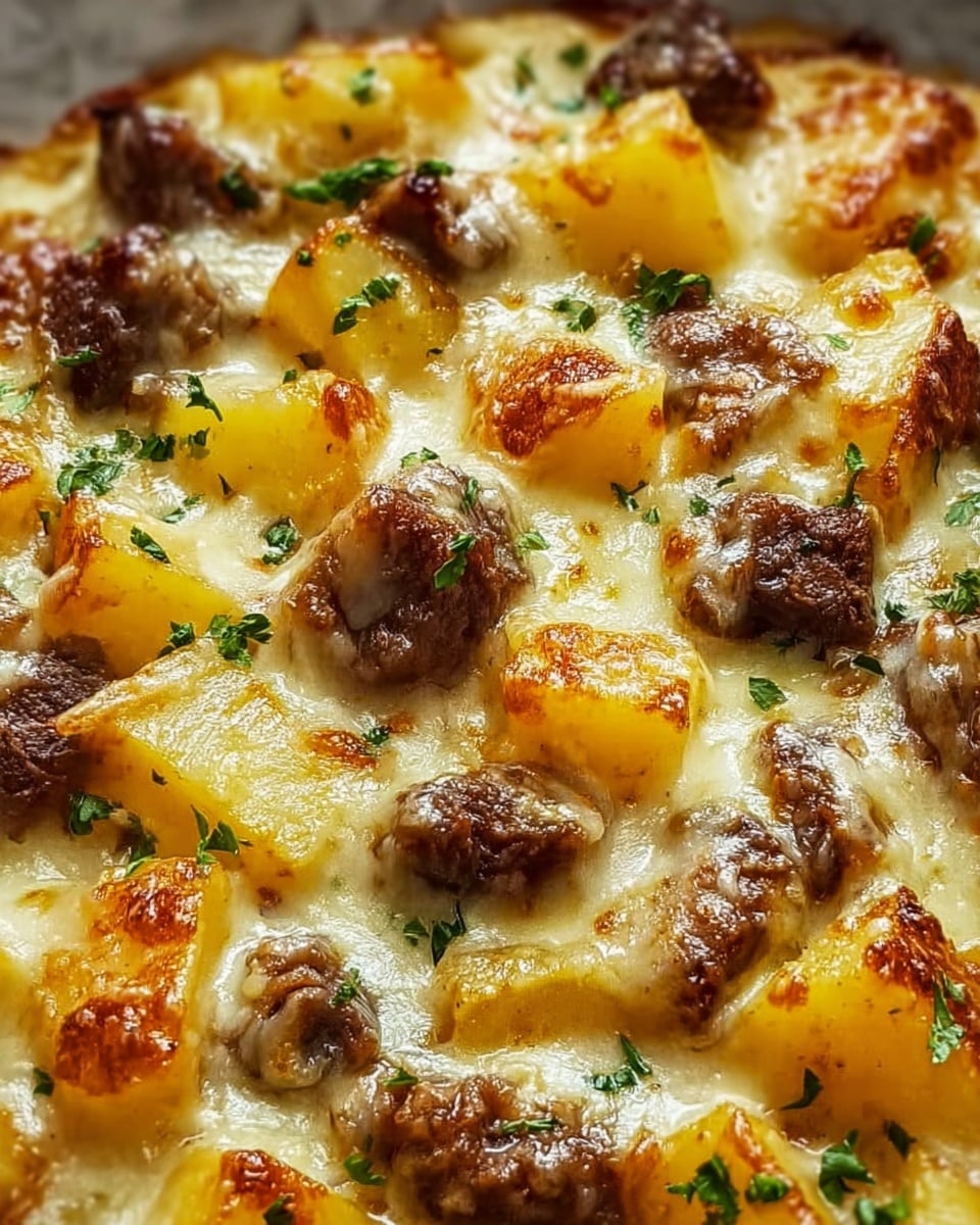 The dish appears as a single-layered close-up view of browned melted cheese with golden edges covering yellow potato cubes and browned beef chunks scattered throughout, topped with small bits of green herbs, all set in a white marbled texture background. The cheese looks creamy and stretchy, slightly bubbling, while the potatoes have a soft, smooth texture and the beef pieces are well-cooked with a crispy exterior. photo taken with an iphone --ar 4:5 --v 7