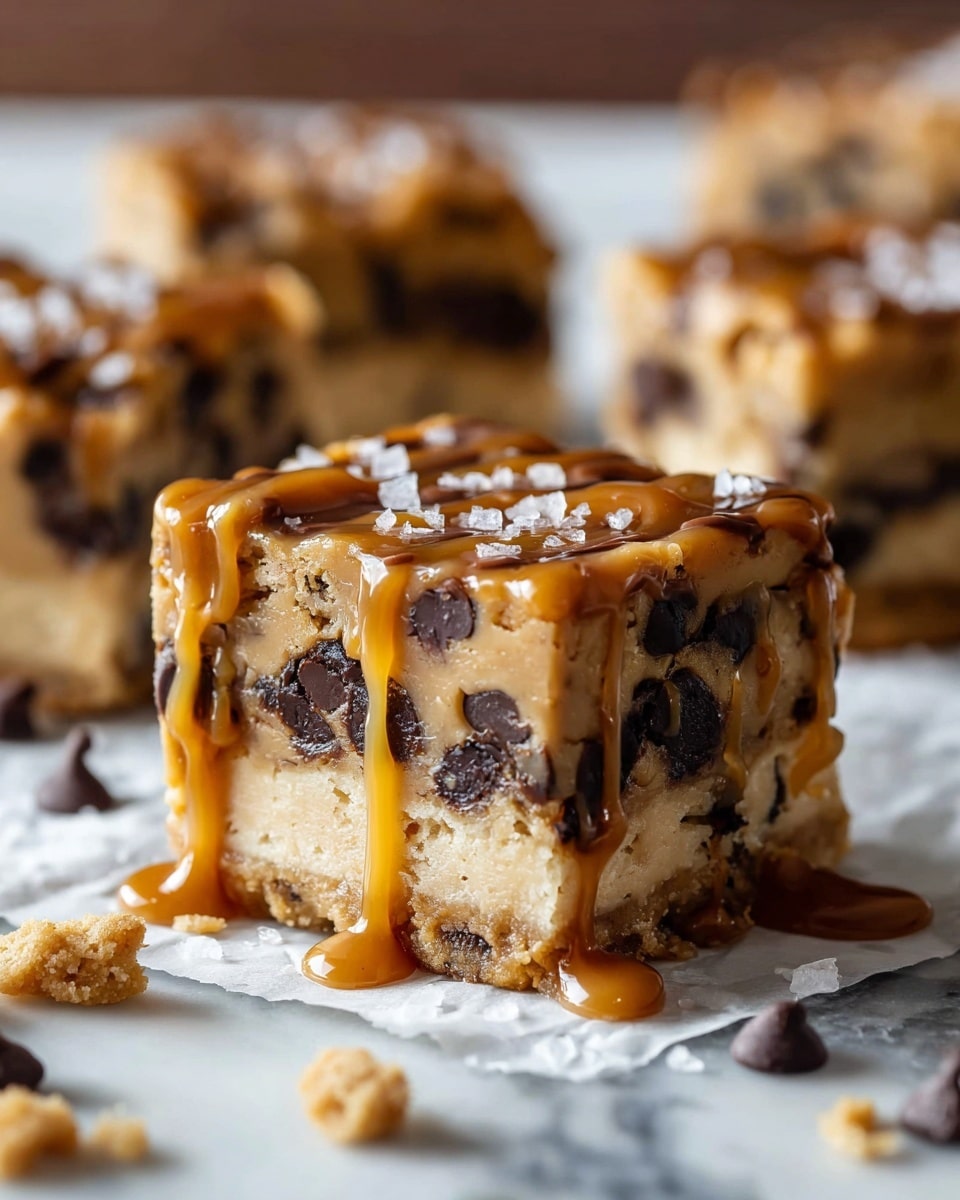 A close-up view of a square dessert bar with three distinct layers: the bottom layer is a light beige cookie dough base, the middle layer is filled with dark brown chocolate chips, and the top layer is another thick cookie dough with chocolate chips embedded. Golden caramel sauce is drizzled generously over the top, dripping down the sides, and there are small white salt crystals sprinkled on top. The bar sits on white parchment paper on a white marbled surface, with some crumbs and chocolate chips scattered around in the foreground and blurred dessert bars in the background. Photo taken with an iphone --ar 4:5 --v 7
