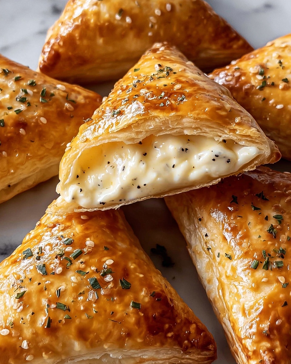 The image shows a close-up of several golden-brown triangular pastries with shiny, flaky crusts sprinkled with small green herb bits on top. One pastry is cut open to reveal a creamy, thick white filling with specks of black pepper inside. The edges of the pastry are crisp and slightly layered, with the filling looking smooth and rich. The pastries are arranged close together on a white marbled surface. photo taken with an iphone --ar 4:5 --v 7