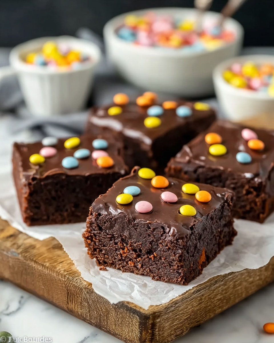 Four square pieces of chocolate brownies are placed closely on a white parchment paper over a wooden board. Each brownie has two layers: a thick, dark brown, moist cake base layer and a smooth, glossy chocolate frosting layer on top. The frosting is decorated with small, round candy dots in yellow, orange, pink, and blue colors scattered across the surface. In the background, there are blurred objects, including two white bowls filled with colorful candies. The scene is set on a white marbled texture. photo taken with an iphone --ar 4:5 --v 7