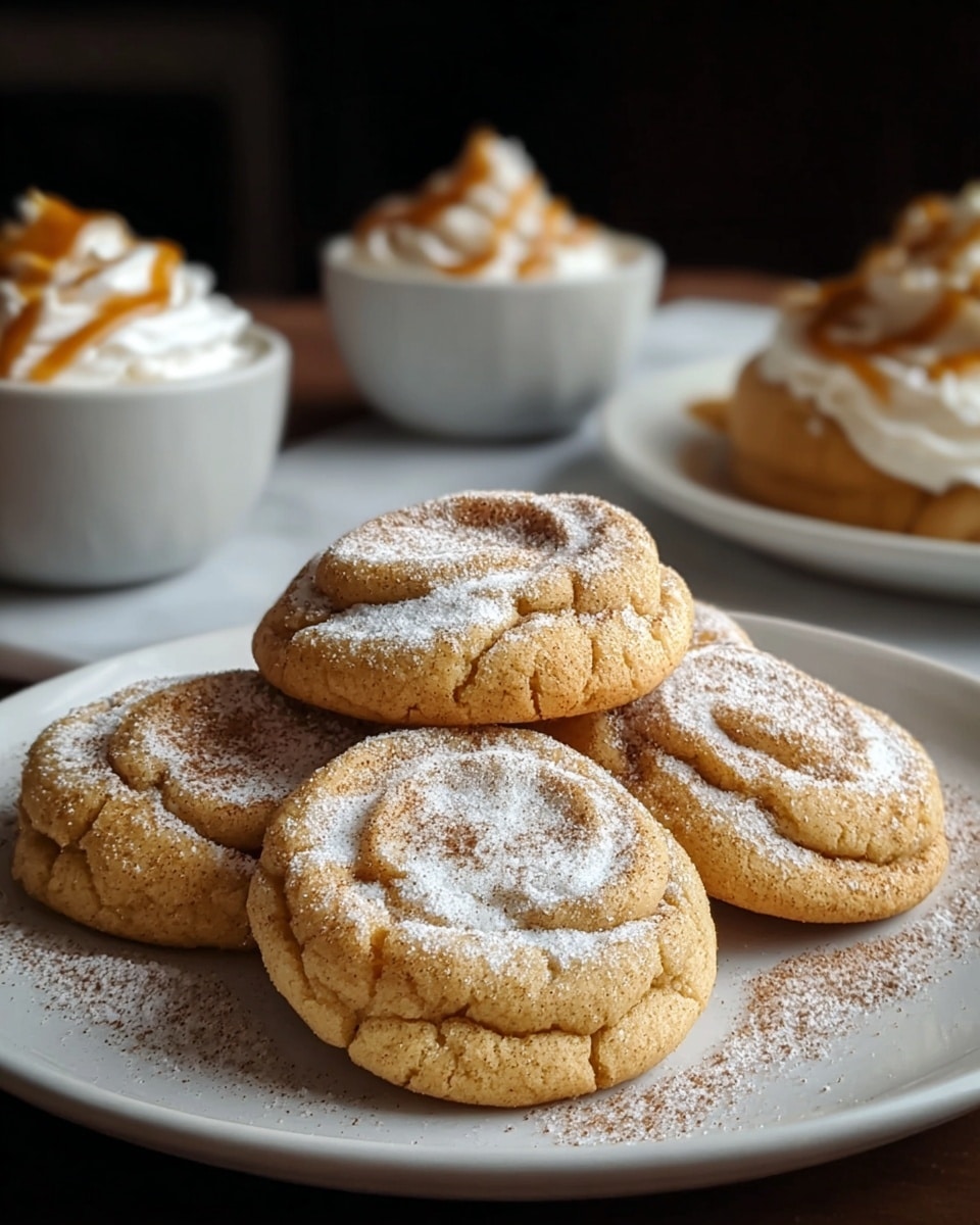A white plate holds five slightly rounded cookies with a golden brown color, dusted lightly with powdered sugar and cinnamon, their surfaces showing soft creases and a slightly cracked texture. In the background, three white bowls with whipped cream topped with caramel drizzle sit out of focus, placed against a dark backdrop and a white marbled surface. The overall look is warm and cozy. photo taken with an iphone --ar 4:5 --v 7