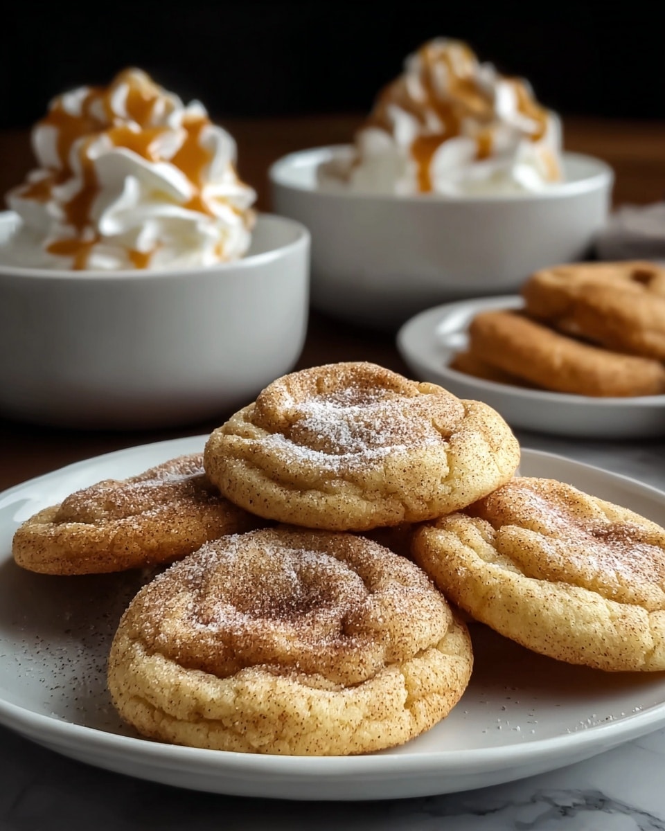A white plate holds five soft, thick snickerdoodle cookies arranged in a loose cluster, each cookie with a slightly cracked and puffy texture dusted with cinnamon and powdered sugar that highlights their golden-brown surface; in the background, three white bowls are filled with whipped cream topped with swirls of caramel sauce, all set against a dark backdrop and placed on a white marbled surface. photo taken with an iphone --ar 4:5 --v 7