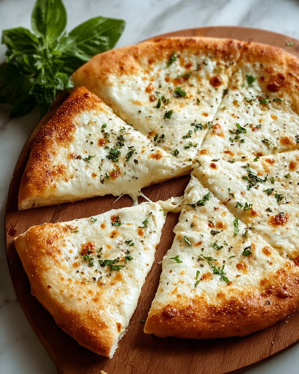 A round white pizza with a thick golden crust sits on a wooden board, cut into six slices with one slice slightly pulled away, showing the melted creamy white cheese layer dotted with golden brown spots and sprinkled with scattered green herbs. The cheese layer appears smooth and gooey, covering the entire surface of the pizza evenly. In the background, a small bunch of fresh green basil leaves rests on the white marbled surface, adding a touch of color. photo taken with an iphone --ar 4:5 --v 7