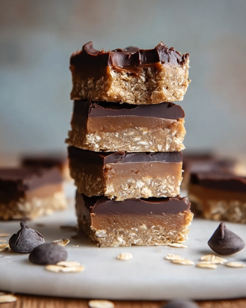 A stack of four square bars is shown, each with two layers: a thick, light brown bottom layer that has a crumbly, oats-filled texture, and a smooth, dark brown chocolate layer on top. The chocolate layer is slightly uneven with gentle waves and small bites taken out on the edges. Some loose oats and a couple of dark chocolate chips are scattered around the base of the stack on a white marbled surface. The background is blurry with soft neutral colors, focusing attention on the stacked bars. photo taken with an iphone --ar 4:5 --v 7
