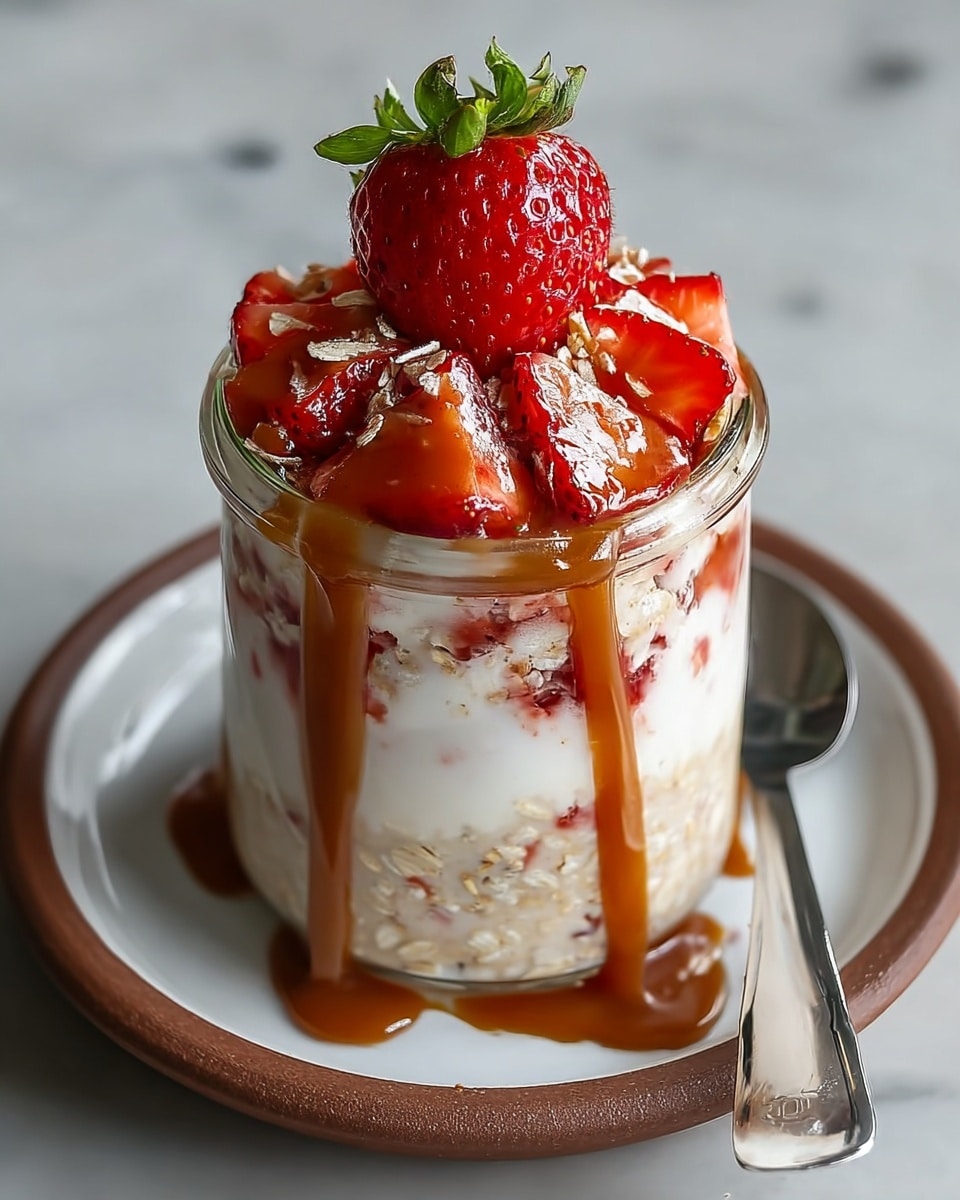 The image shows a small glass jar filled with a dessert made of three main layers: the bottom layer is light beige oats, the middle layer is creamy white yogurt mixed with bits of red strawberries, and the top layer has a mix of oats and fresh red strawberry slices with a whole strawberry standing upright in the center. Rich caramel sauce is drizzled over the top and running down the sides of the jar, pooling on a white plate with a brown rim underneath. The jar and plate sit on a white marbled surface, and there is a silver spoon placed behind the jar. Photo taken with an iphone --ar 4:5 --v 7