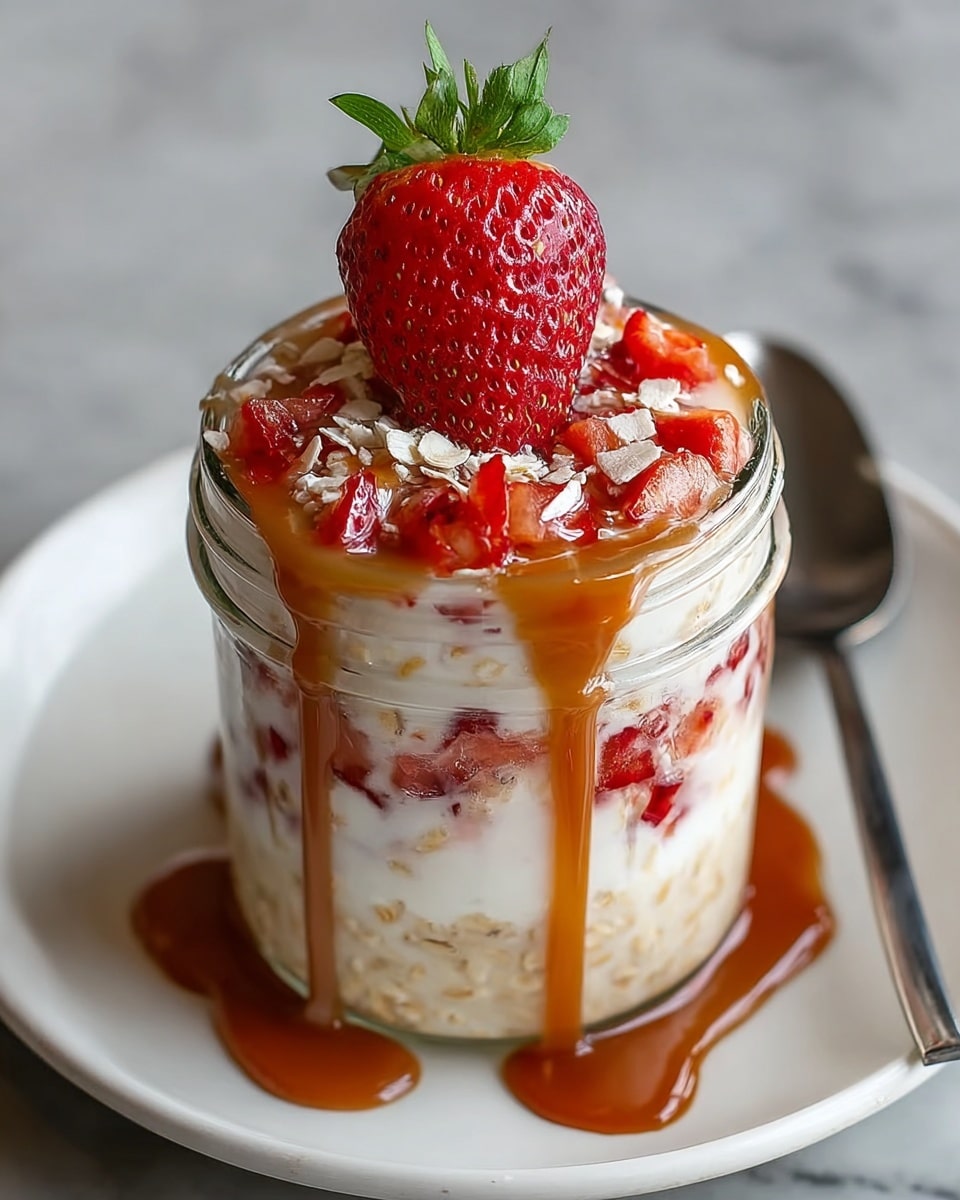 A small clear glass jar holds a layered dessert with about four layers: the bottom layer is light beige oatmeal, followed by a creamy white layer mixed with bits of red strawberries, then a layer of pure white cream, topped with chopped red strawberry pieces and white oats. A whole red strawberry with green leaves stands upright in the center. Thick caramel sauce is drizzled over the top and flows down the sides of the jar onto the white plate beneath it. The plate rests on a white marbled surface, and a metal spoon is visible behind the jar. photo taken with an iphone --ar 4:5 --v 7