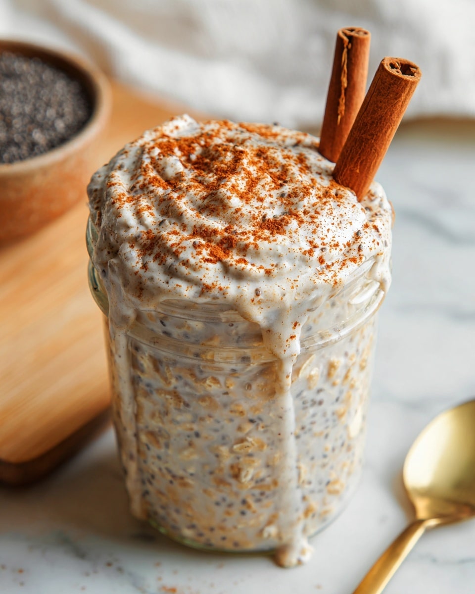 A clear glass jar filled with creamy oatmeal mixed with chia seeds and thick white milk, showing a speckled texture through the jar. The oatmeal is topped with a thick layer of whipped cream-like topping sprinkled heavily with brown cinnamon powder, with some drizzle running down the side of the jar. Two whole cinnamon sticks are placed upright and leaning on one side at the top. The jar sits on a light wooden surface with scattered cinnamon sticks nearby, a small glass bowl of chia seeds in soft focus behind, and a white marbled texture in the background. A golden spoon lies to the right. photo taken with an iphone --ar 4:5 --v 7