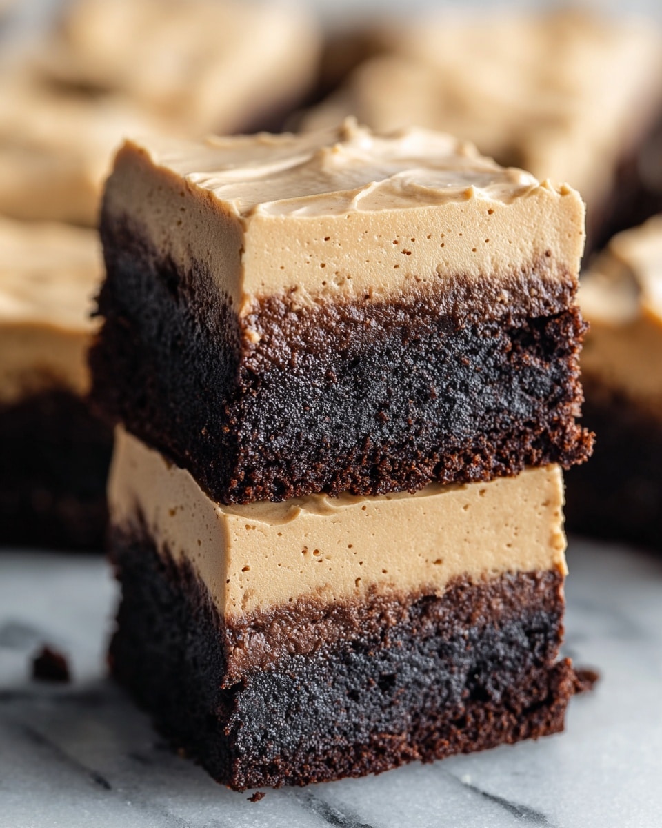 The image shows two square pieces of dessert stacked on top of each other, each with two clear layers. The bottom layer is thick, dark brown, and looks moist with a crumbly texture, resembling a rich chocolate brownie. The top layer is thick and creamy, light tan in color with a smooth texture and tiny brown specks, likely a peanut butter or cream frosting. The edges of the dessert are clean and well-defined, and the background is a soft focus of similar dessert pieces on a white marbled surface. photo taken with an iphone --ar 4:5 --v 7