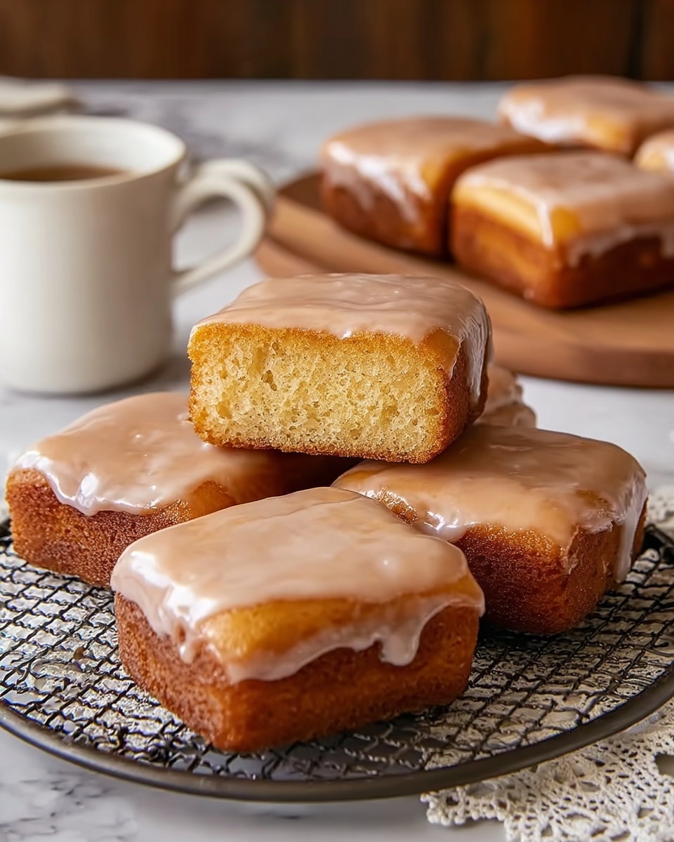 The image shows five square cakes with a thick, shiny light brown glaze on top. Four of the cakes are placed on a dark wire rack, while one cake is resting on top of the others, revealing a moist, golden-yellow cake layer beneath the glaze. The cakes have a slightly darker brown baked edge. In the background, there is a white cup and a wooden board with more cakes, all on a white marbled texture surface with a white lace cloth partially visible. The photo taken with an iphone --ar 4:5 --v 7