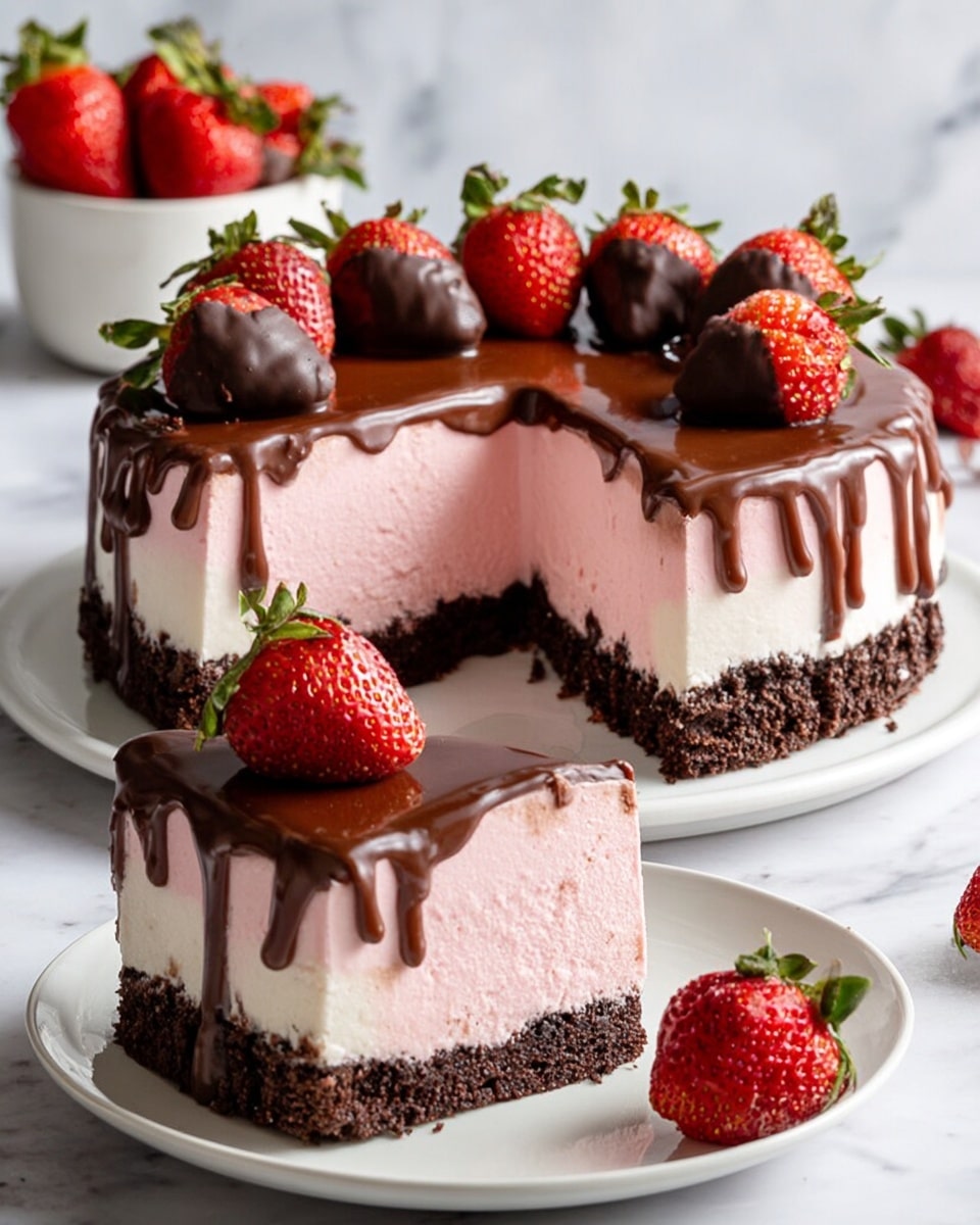 The image shows a round cake with three clear layers: a dark brown crumbly base, a thick light pink middle layer that looks soft and creamy, and a shiny dark brown chocolate top layer dripping down the sides. The top of the cake is decorated with whole fresh red strawberries and some chocolate-covered strawberries. A single slice is cut from the cake and placed on a white plate in front, showing the same layers clearly. One whole red strawberry sits next to the slice on the plate. The cake and plate are set on a white marbled surface, with another small white dish of strawberries in the background. photo taken with an iphone --ar 4:5 --v 7