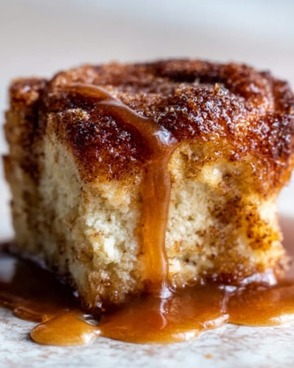 A close-up image of a single square piece of cinnamon roll with a soft, fluffy inside texture, topped with a slightly crunchy, dark golden-brown cinnamon sugar crust. Thick, shiny caramel sauce is dripping down the sides, pooling at the base of the roll. The background is a smooth white marbled texture, giving a clean and elegant look. The lighting highlights the gooey caramel and the texture of the cinnamon roll, making it look warm and fresh. Photo taken with an iphone --ar 4:5 --v 7