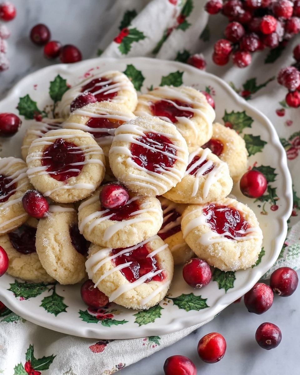 A white plate decorated with green holly leaves and red berries holds a pile of round thumbprint cookies. Each cookie has a light golden color with coarse sugar on the edges, a deep red jelly-filled center, and is topped with thin white icing drizzles. Fresh, whole cranberries are scattered among the cookies on the plate, and a white cloth with green holly and red berries pattern lies beneath the plate on a white marbled surface. Photo taken with an iphone --ar 4:5 --v 7