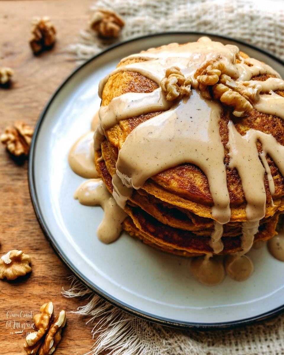 A stack of five golden-brown pumpkin pancakes sits slightly off-center on a white plate with a thin dark rim. The pancakes are thick and fluffy, and they are generously drizzled with a creamy, light tan sauce that has visible specks, dripping down the sides in uneven, smooth ribbons. Around the plate on a woven beige placemat and a wooden table, there are scattered walnut halves adding texture and rustic detail. The photo is closely zoomed to focus on the pancakes' texture and sauce shine, with warm natural light enhancing the golden tones. Photo taken with an iphone --ar 4:5 --v 7