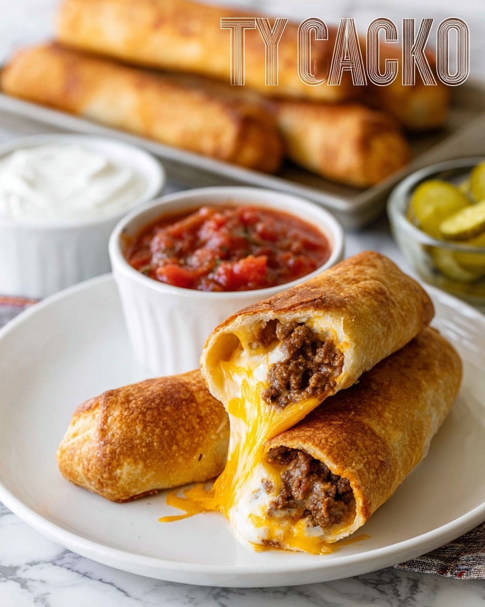 The image shows two golden-brown taco sticks on a white plate; one is whole, and the other is broken open to reveal melted yellow and white cheese mixed with browned ground meat inside a soft, slightly crispy bread roll. Behind the plate, a small white bowl filled with bright red chunky salsa is centered, flanked by a small white bowl of sour cream on the left and a glass bowl of sliced pickles behind. In the background, a tray with more golden-brown taco sticks rests on a white marbled surface, with a woman's hand lightly holding one of the sticks out of the frame. The scene is bright and airy, emphasizing the warm, cheesy texture and fresh dipping sauces. photo taken with an iphone --ar 4:5 --v 7