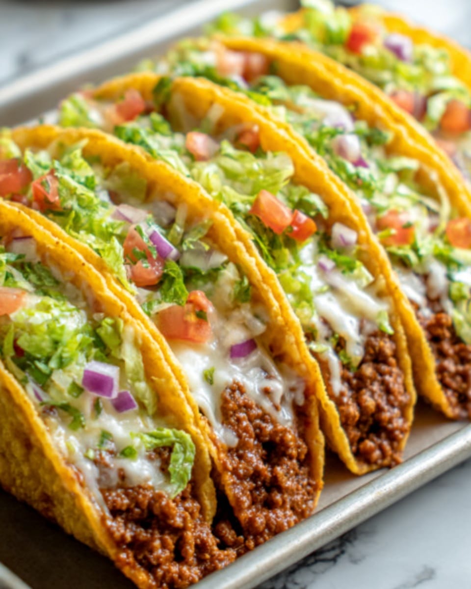 The image shows a row of golden yellow tacos placed closely side by side on a white tray. Each taco shell is filled with a brown ground meat layer at the bottom, topped with melted white cheese that looks soft and creamy. On top of the cheese, there is a mix of finely chopped green lettuce, small red tomato pieces, and bits of purple onion, adding a fresh and colorful touch. The tacos are slightly tilted, showcasing the layers clearly. The background is a white marbled surface with a soft blurred effect. Photo taken with an iphone --ar 4:5 --v 7