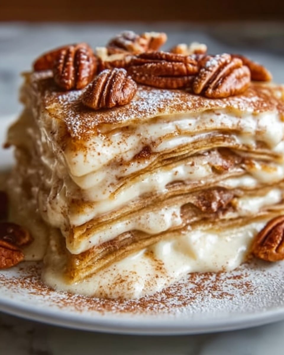 A close-up of a layered crepe cake slice on a white plate, showing about seven thin, golden-brown crepe layers stacked neatly with creamy, slightly melted white filling between each layer. The top layer is dusted with light brown cinnamon powder and decorated with whole pecans scattered on top. The creamy filling looks smooth and soft, slightly oozing out between the crepes, giving a rich texture. The background is a white marbled surface, making the cake and plate stand out clearly. photo taken with an iphone --ar 4:5 --v 7