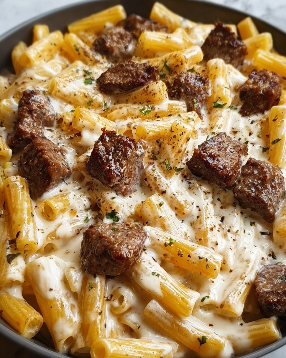 A close-up view of a creamy pasta dish with three main layers: the base layer is made of yellowish penne pasta, cooked al dente with a slightly glossy texture; the middle layer is a thick, white creamy cheese sauce evenly spread, coating the pasta; the top layer consists of browned, juicy beef cubes scattered across the pasta, sprinkled with black pepper and green herbs for added seasoning. The entire dish appears rich and indulgent, sitting against a white marbled texture background. photo taken with an iphone --ar 4:5 --v 7