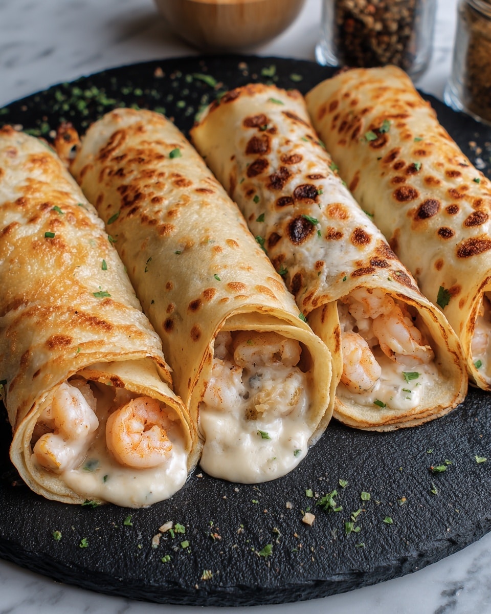 The image shows five rolled crepes filled with a creamy white sauce and pieces of cooked shrimp. The crepes have a soft, light golden texture with some browned spots on top, and a few are sprinkled with small green herb bits. The creamy sauce inside is smooth, with visible shrimp pieces nestled inside each roll, some peeking out at the ends. They are placed side by side on a round black stone serving surface, with some sprinkled herbs around the edges and small containers of seasoning visible in the background. The background surface is white marble texture photo taken with an iphone --ar 4:5 --v 7