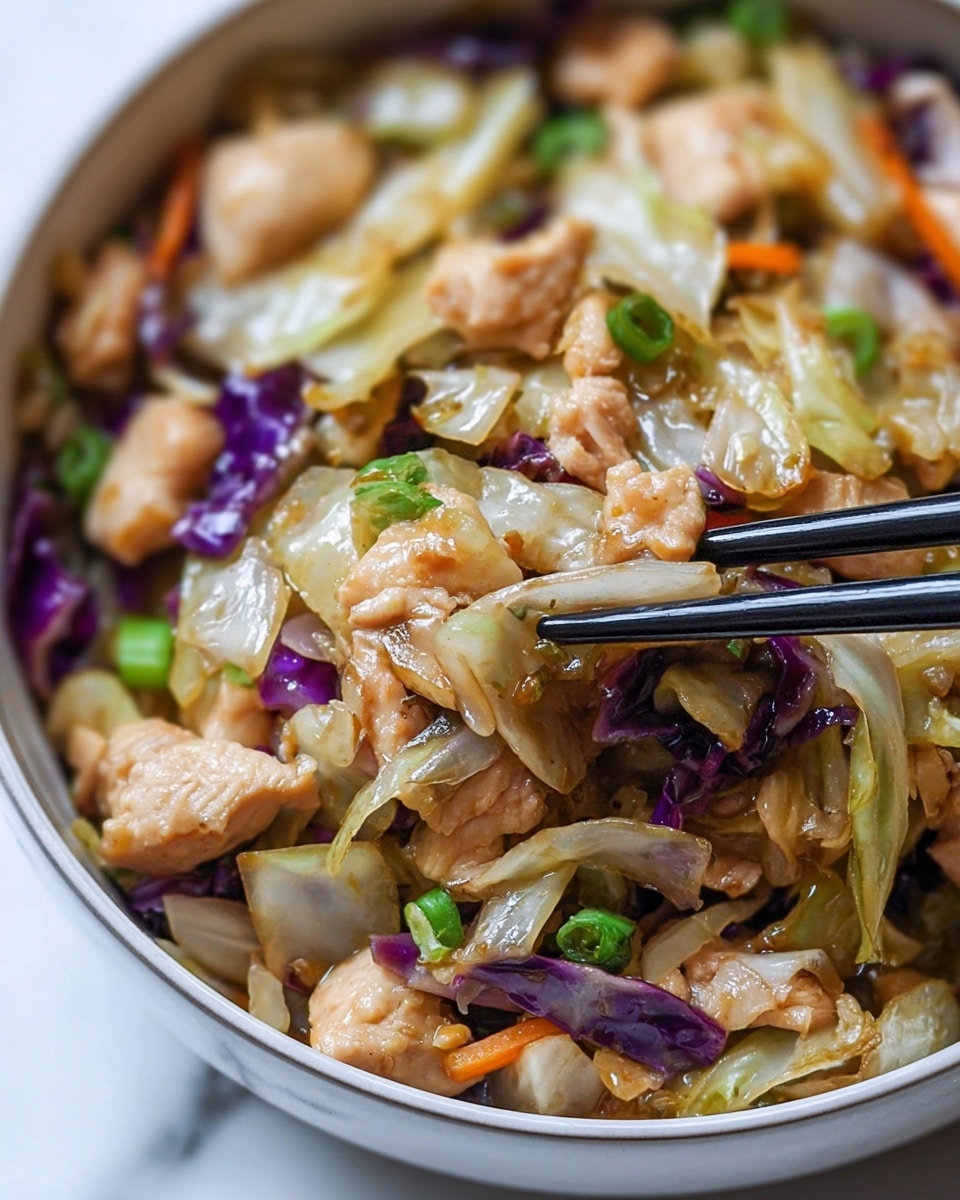 The image shows a bowl filled with a stir-fry dish consisting of small pieces of light brown cooked chicken mixed with chopped cabbage that is pale green and translucent. There are also small pieces of purple cabbage, bright green scallions, and some tiny orange carrot bits evenly scattered throughout. A pair of black chopsticks are picking up some pieces from the bowl, which is white and sits on a white marbled surface. The texture looks moist and slightly glossy from the cooking sauce. Photo taken with an iphone --ar 4:5 --v 7