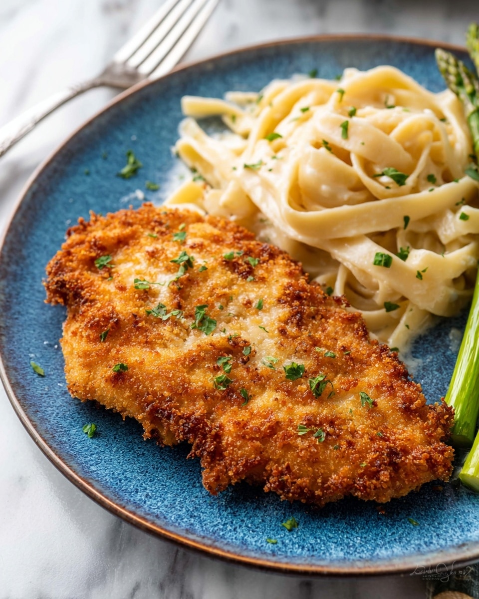 A close-up of a blue ceramic plate showing a large piece of crispy, breaded, golden-brown chicken cutlet garnished with small green parsley flakes. To the left of the chicken, there is a serving of creamy fettuccine pasta, thick and coated in white sauce, loosely piled. In the background, a few green asparagus spears rest at the edge of the plate. The plate is set on a white marbled surface with a silver fork placed nearby. photo taken with an iphone --ar 4:5 --v 7