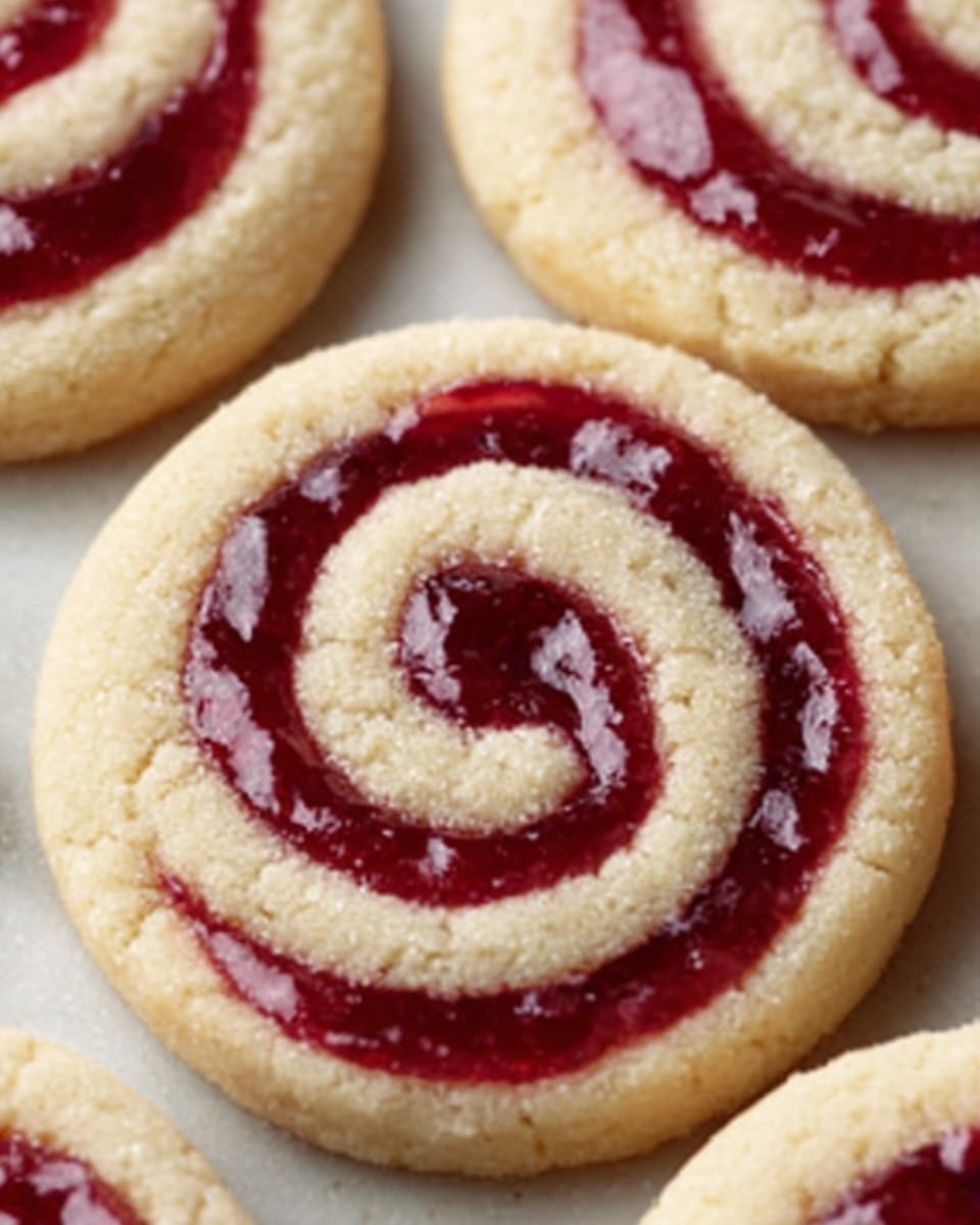 The image shows close-up of round cookies with a spiral design. Each cookie has two layers: a light beige, crumbly outer dough forming the base and edges, and a smooth, shiny deep red jam swirl starting from the center and winding outwards in a spiral pattern. The cookies are placed on a white marbled surface, creating a clean and bright background. The texture of the dough looks soft and slightly cracked, while the jam is glossy and thick. photo taken with an iphone --ar 4:5 --v 7