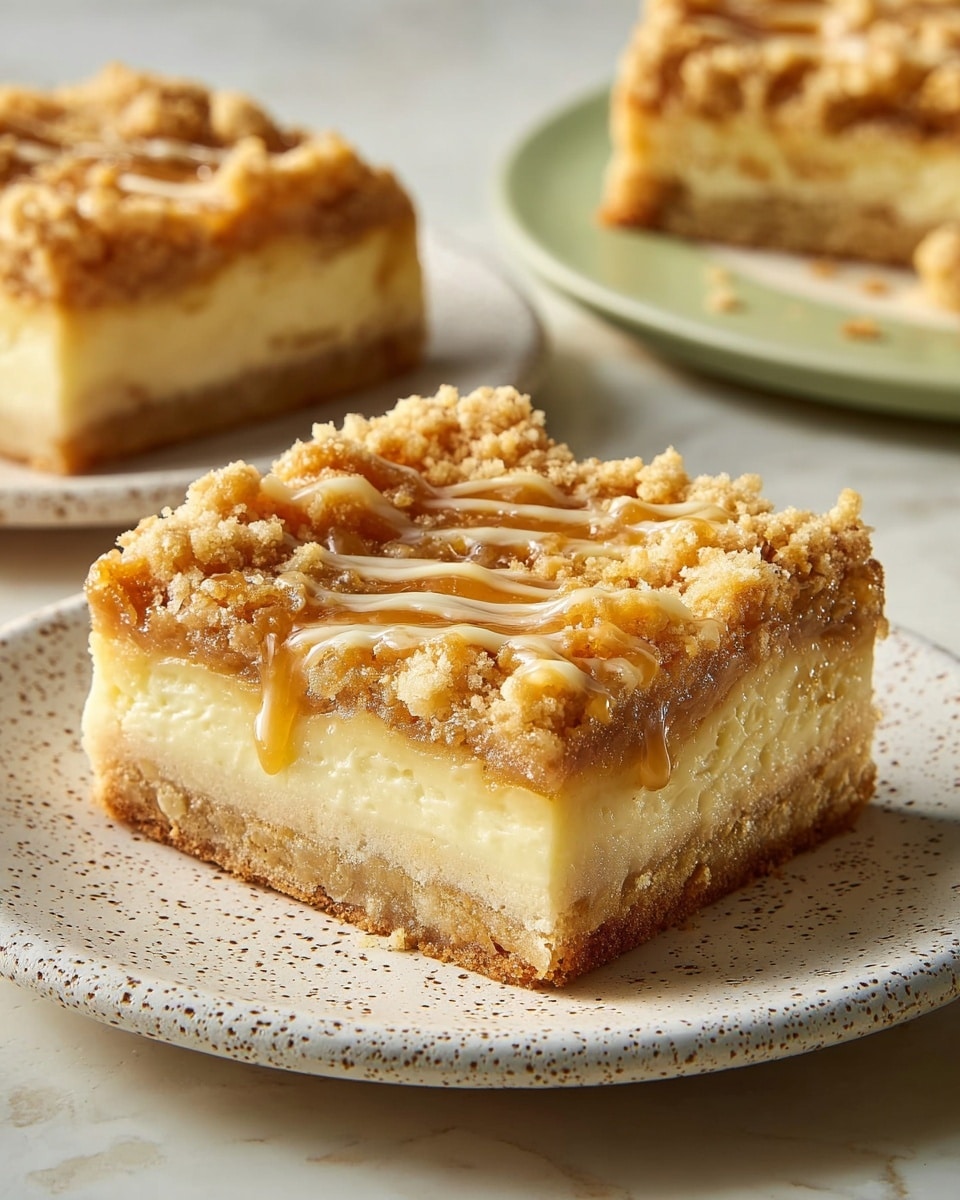 A square slice of crumbly dessert bar is shown, resting on a white speckled plate placed on a white marbled surface. The bar has three clear layers: the bottom layer is a dense, light golden crust, the middle layer is a creamy, pale yellow filling with a smooth texture, and the top layer is a crumbly streusel with a golden brown hue and a shiny caramel drizzle pattern. In the background, another slice of the same dessert is partially visible on a similar white speckled plate. The overall look is warm and inviting, with textures ranging from smooth to crumbly. photo taken with an iphone --ar 4:5 --v 7