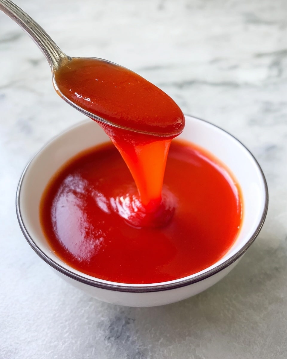A close-up shows a spoon held above a white bowl filled with bright red ketchup, with a thick stream of the smooth, glossy ketchup flowing from the spoon back into the bowl, which rests on a white marbled surface. The texture of the ketchup is shiny and smooth, with a rich color that catches the light well. The bowl is simple and white with a thin dark rim, holding the single layer of ketchup. Photo taken with an iphone --ar 4:5 --v 7