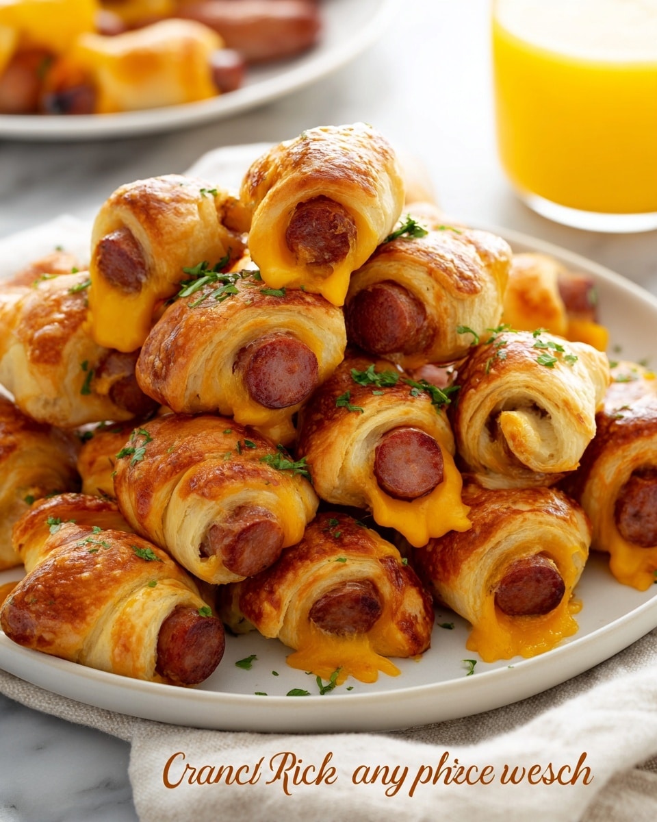 A white round plate full of golden-brown crescent rolls wrapped around small sausages, each showing a layer of melted orange cheese oozing out from the edges. The cheesy sausages are stacked to create a small pile, sprinkled with chopped green herbs for color contrast. The plate sits on a white marbled surface, and the background shows a blurry glass of orange juice and another plate with similar snacks. photo taken with an iphone --ar 4:5 --v 7