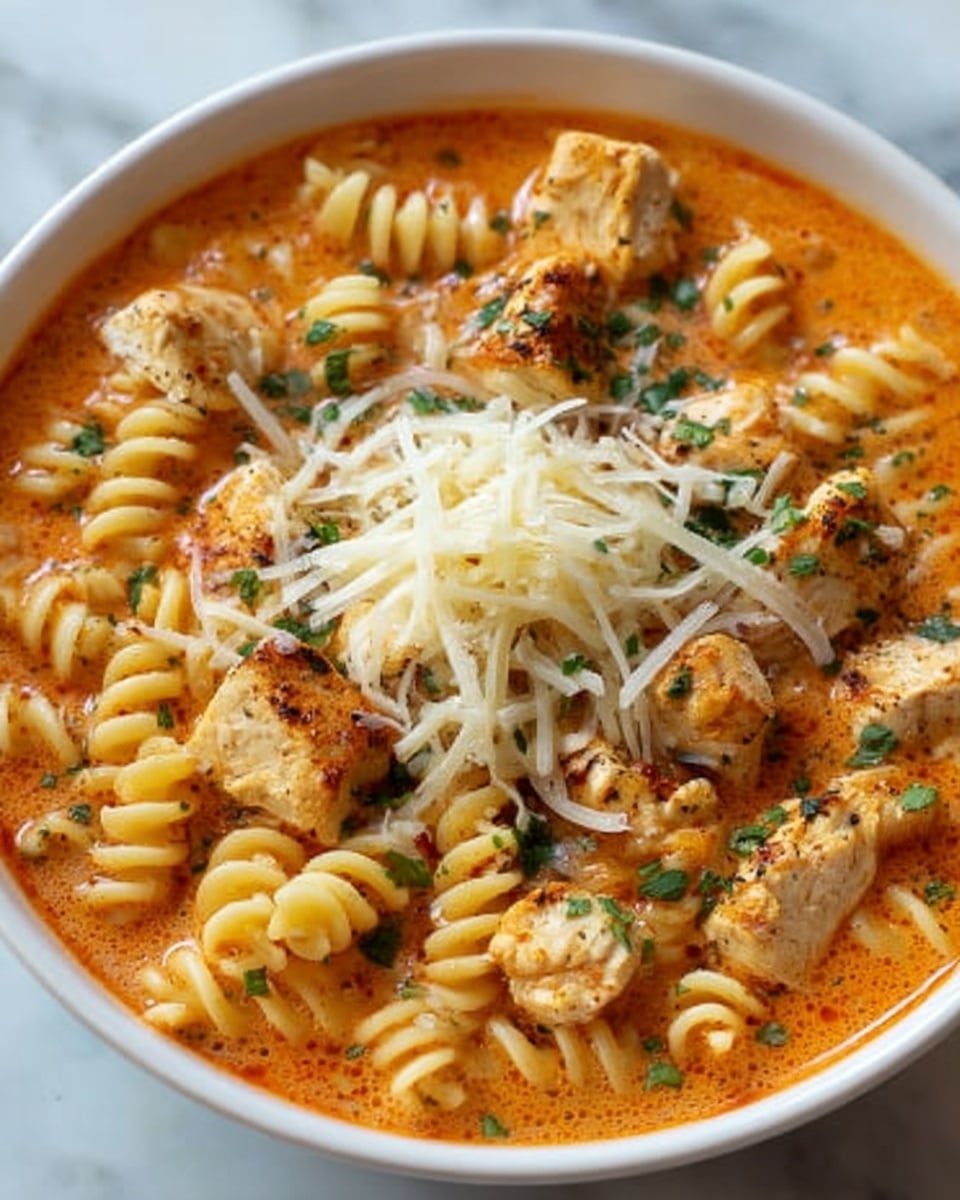 In a white bowl filled with creamy orange tomato sauce, there is a layer of spiral pasta at the bottom. On top, chunks of grilled chicken are scattered throughout, their light golden color contrasting with the sauce. The dish is garnished with a heap of shredded white cheese in the center and sprinkled with small green herb pieces. The bowl sits on a white marbled surface. photo taken with an iphone --ar 4:5 --v 7