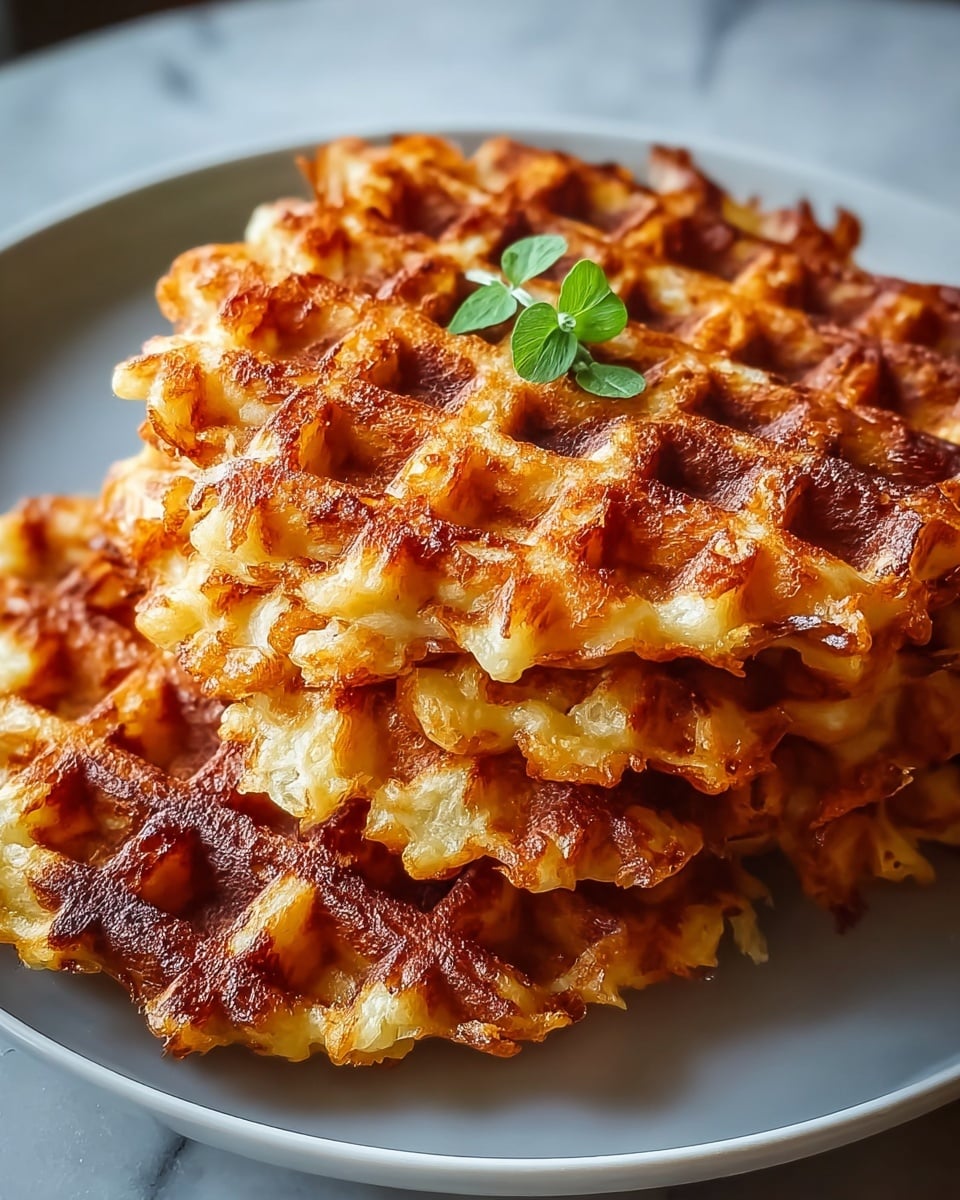 A white plate holds a stack of four crispy waffles. Each waffle is golden brown, with some parts darker and crunchy, showing a grid pattern with deep square pockets. The waffles have a slightly uneven, rough texture from the crispy edges. On top of the stack, there is a small green leaf garnish that adds a fresh touch. The plate is set on a white marbled surface. photo taken with an iphone --ar 4:5 --v 7