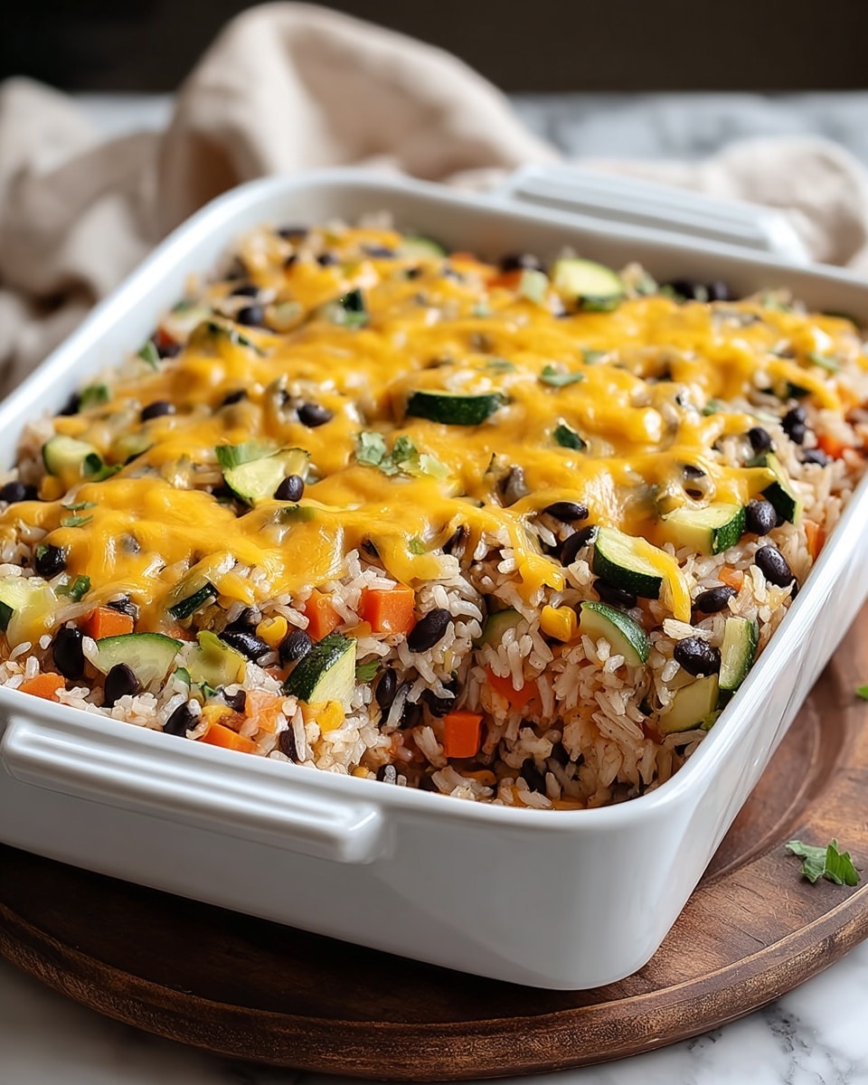 A white rectangular baking dish holds a layered casserole with three visible layers: the bottom layer is cooked rice mixed with small pieces of orange carrot, the middle layer has black beans and chunks of green zucchini, and the top layer is melted yellow cheddar cheese sprinkled evenly over the vegetables. The rice layer forms the base and edges, with colorful vegetables and cheese sitting on top in a slightly uneven spread. The dish is set on a round wooden board against a blurred background with a beige cloth to the side, all on a white marbled surface. photo taken with an iphone --ar 4:5 --v 7