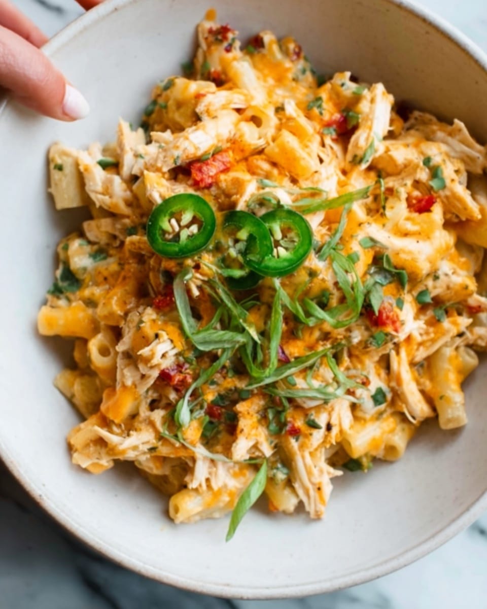 A white bowl filled with a creamy pasta dish stacked in about three layers: a base of short pasta pieces mixed with small bits of red and green vegetables, topped with shredded chicken that has a light orange sauce, and garnished with thin slices of green chili and fresh green herbs sprinkled on top. The textures include soft pasta, tender chicken, and a smooth, slightly cheesy sauce with a hint of oil. The bowl is placed on a white marbled surface, and a woman's hand is gently touching the bowl. Photo taken with an iphone --ar 4:5 --v 7