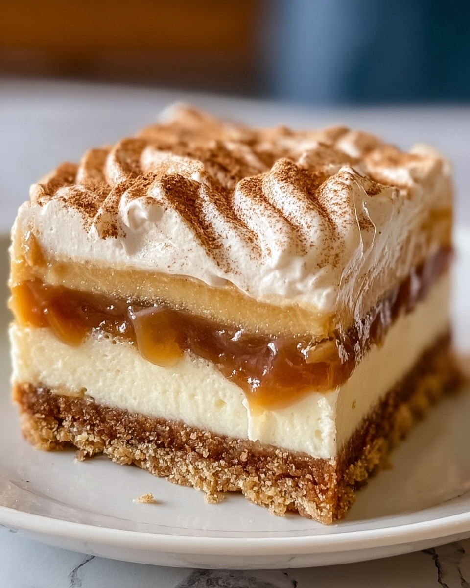 A close-up of a square slice of dessert with four layers on a white plate, placed on a white marbled surface. The bottom layer is a crumbly brown crust, rough and firm. Above it is a thick light cream layer, smooth and even. The third layer is a glossy golden brown filling, translucent and sticky. The top layer is a thick creamy topping with soft, wavy peaks dusted with fine brown powder. Photo taken with an iphone --ar 4:5 --v 7