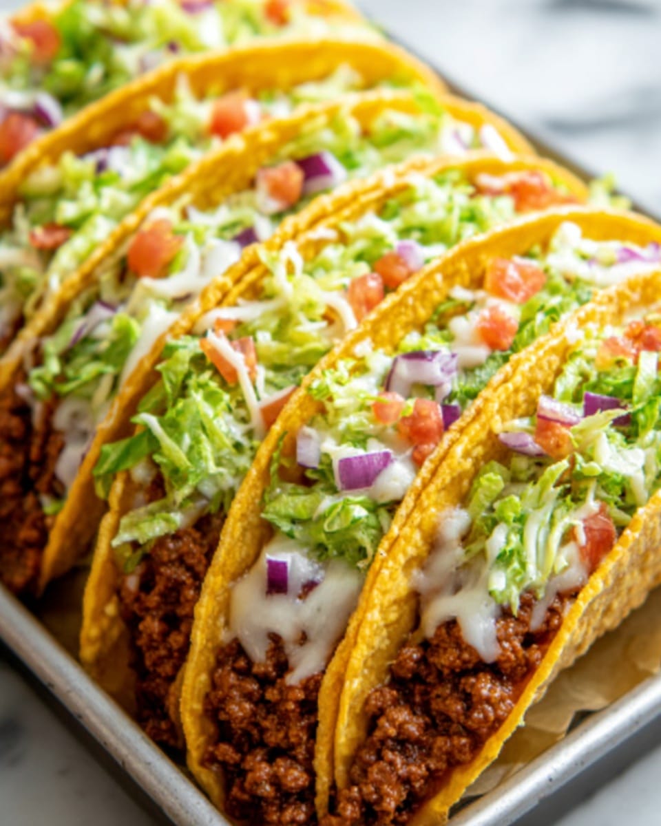 A row of golden-yellow crunchy tacos neatly arranged on a silver tray, each taco filled with three main visible layers: a rich, dark brown ground meat base, topped with melted creamy yellow cheese, and finished with fresh green shredded lettuce mixed with small pieces of red diced tomato and finely chopped purple onion, all evenly spread across the top. The tacos’ shells have a slightly rough texture with some darker spots showing they are toasted. The background is a white marbled texture. photo taken with an iphone --ar 4:5 --v 7