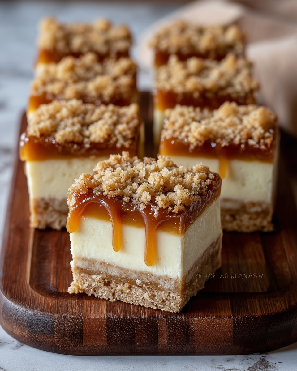 The image shows six square dessert bars arranged in two rows on a dark wooden board. Each bar has three visible layers: a crumbly light brown base, a thick creamy white middle layer, and a glossy caramel layer on top that drips slightly down the sides. The top layer is finished with a crunchy crumb topping that looks golden brown and textured. The background has a white marbled texture beneath the board, and the scene is softly lit to highlight the rich colors and textures of the dessert bars. Photo taken with an iphone --ar 4:5 --v 7