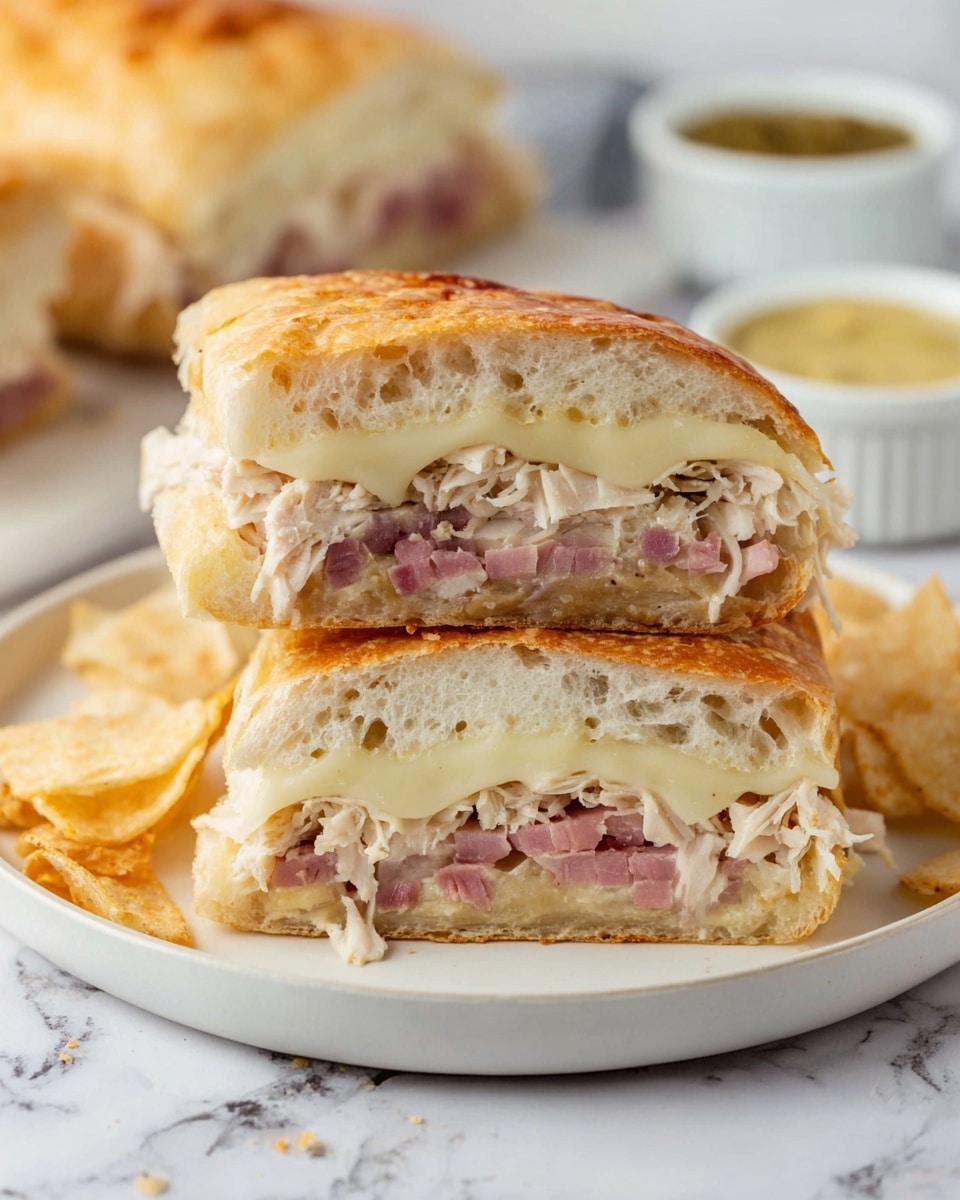 The image shows two halves of a baked sandwich stacked on a white plate, each half revealing three main layers: a golden brown crust on the outside, a middle layer of shredded chicken mixed with pink ham pieces, and a top layer of melted pale yellow cheese. The sandwich has a soft, fluffy white bread interior. Around the plate, there are some scattered light tan toasted bread chips, and in the background, two small white bowls contain a light green creamy sauce and a yellow mustard-like sauce. The whole scene is set on a white marbled surface. Photo taken with an iphone --ar 4:5 --v 7