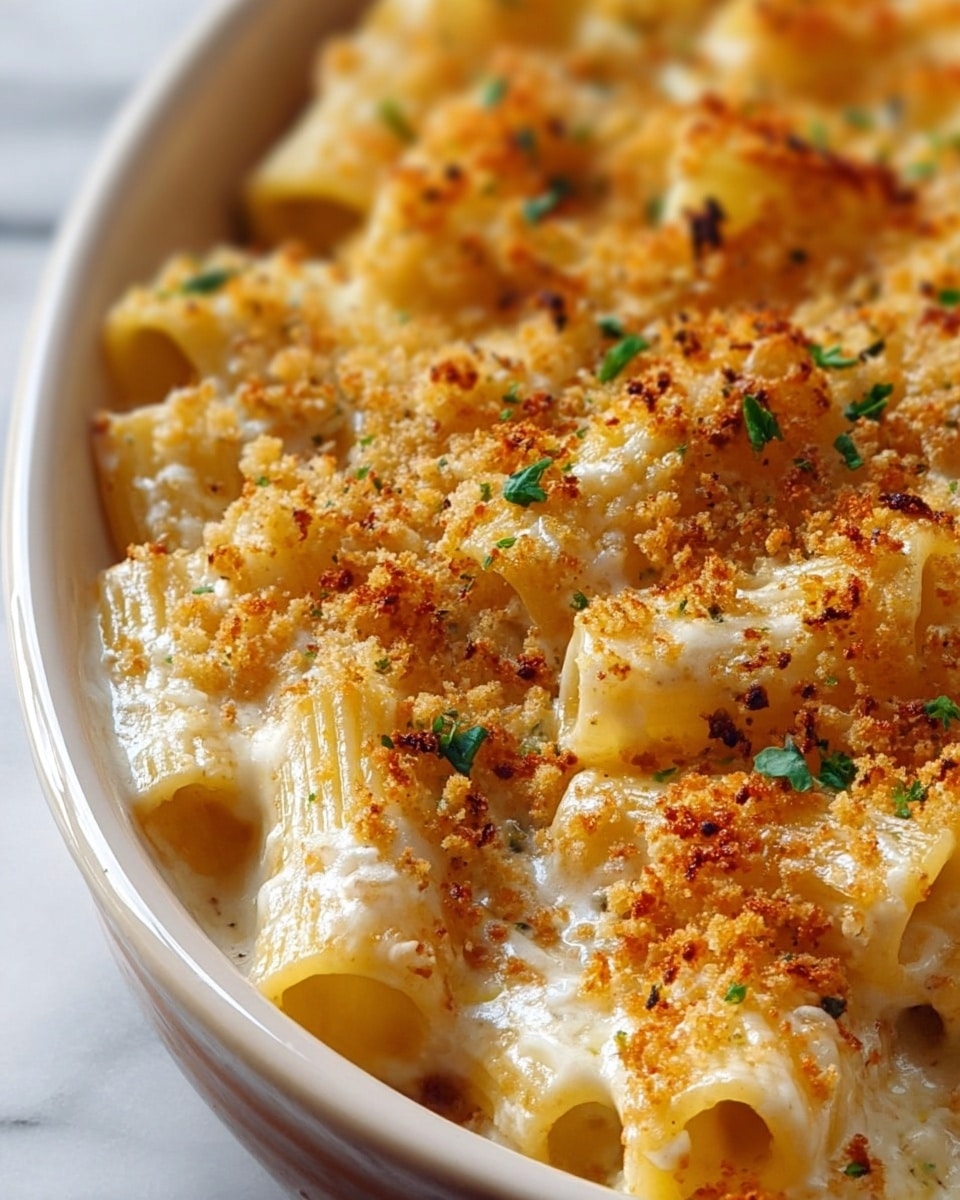 Close-up of baked pasta with rigatoni tubes coated in a creamy white sauce, layered with golden-brown toasted breadcrumbs on top. Small green herb pieces are scattered over the surface, adding a touch of color. The pasta is visible in layers beneath the crispy topping, showing smooth, glossy sauce filling the spaces between each piece. The dish sits in a white bowl against a white marbled surface. photo taken with an iphone --ar 4:5 --v 7