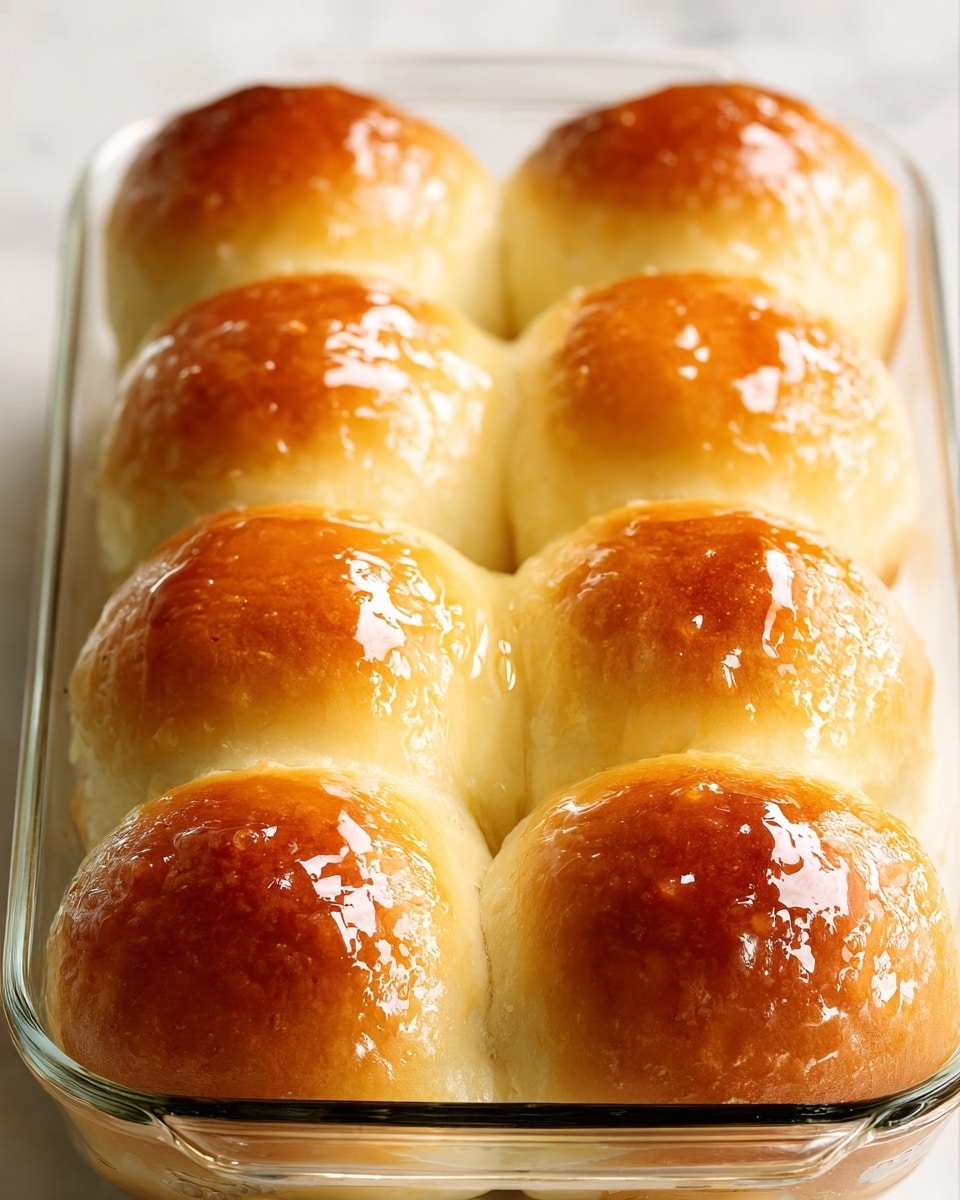 The image shows a glass baking dish filled with eight shiny, golden-brown dinner rolls arranged in two rows of four. Each roll has a smooth, glossy top that reflects light, creating a sticky, buttery texture that looks soft and fluffy underneath. The rolls are touching each other slightly, with the sides a lighter cream color and the tops a rich, deep amber. The dish sits on a white marbled surface that adds a clean, elegant look to the scene. photo taken with an iphone --ar 4:5 --v 7