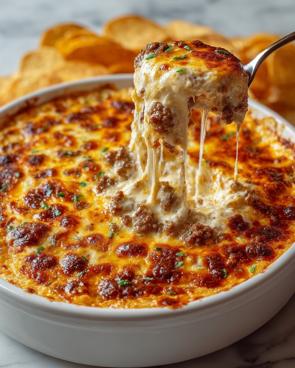 A white round dish filled with a thick dip featuring multiple layers: the top layer is bubbly, golden brown melted cheese with browned spots and small bits of cooked ground meat scattered evenly; underneath, a creamy ivory cheese layer mixed with small chunks of meat is visible as a spoon scoops a portion, stretching melted cheese strings. The dip is garnished with small green herb bits. In the background, out of focus, are round chips resting on a white marbled surface. Photo taken with an iphone --ar 4:5 --v 7