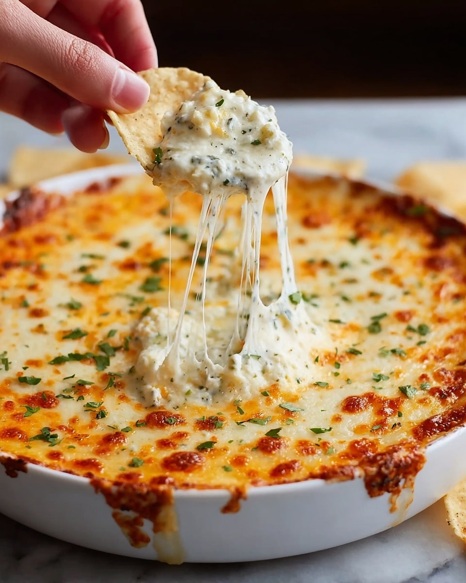A white round dish filled with a hot, baked cheese dip that has a golden-brown, bubbly top layer of melted cheese with small crispy spots and sprinkled green herb pieces. From the center, a scoop of creamy white cheese mixed with herbs is being lifted by a woman's hand holding a white tortilla chip. Long, stretchy cheese strands connect the dip to the chip, showing the gooey texture. The dish sits on a white marbled surface. photo taken with an iphone --ar 4:5 --v 7