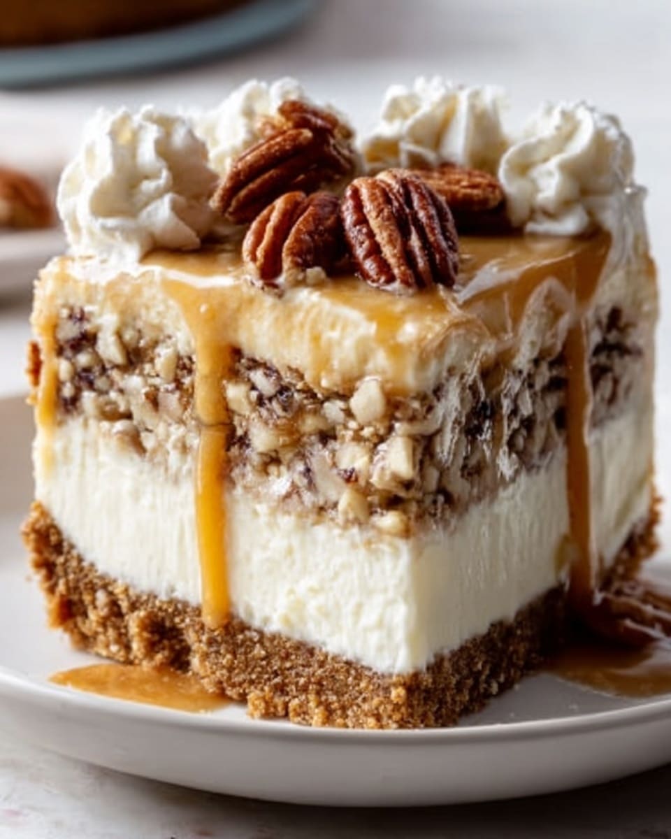 A close-up of a slice of layered pecan cheesecake placed on a white plate, showing three main layers: a brown crumbly crust at the bottom, a thick creamy pale yellow cheesecake layer in the middle, and a lighter creamy topping mixed with chopped pecans. The top layer is decorated with whipped cream swirls and whole pecans. A caramel drizzle flows slightly over the edges, adding a shiny texture. The background is a white marbled surface. Photo taken with an iphone --ar 4:5 --v 7