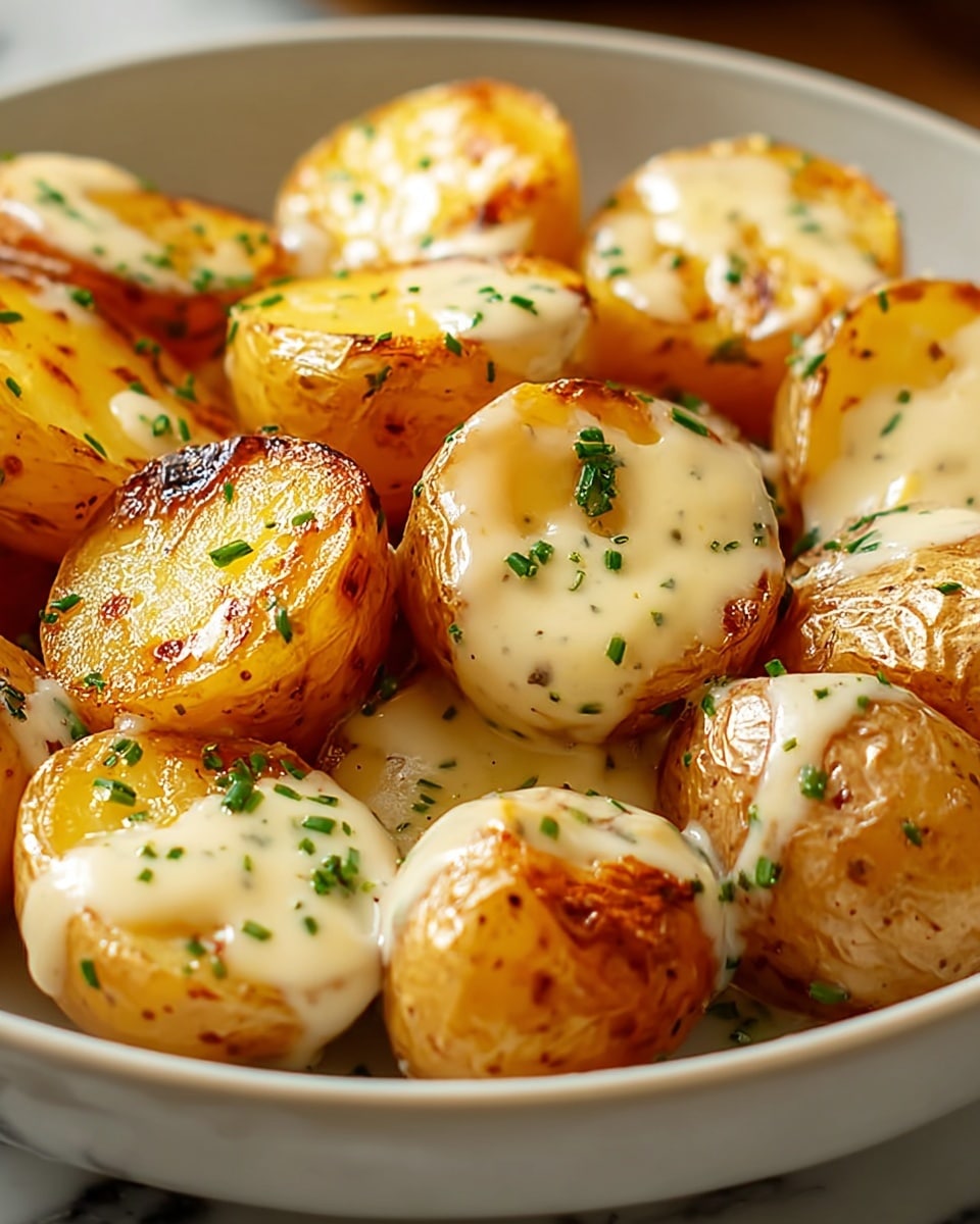 The image shows a close-up view of several small roasted potatoes cut in half, arranged in a white bowl. Each potato half has a golden brown, slightly crispy skin with a soft, light yellow inside. A creamy white sauce with some brown toasted spots covers parts of the potatoes, adding a shiny texture. Small green herbs are sprinkled across the potatoes and sauce, giving a fresh look. The background is a white marbled texture. photo taken with an iphone --ar 4:5 --v 7